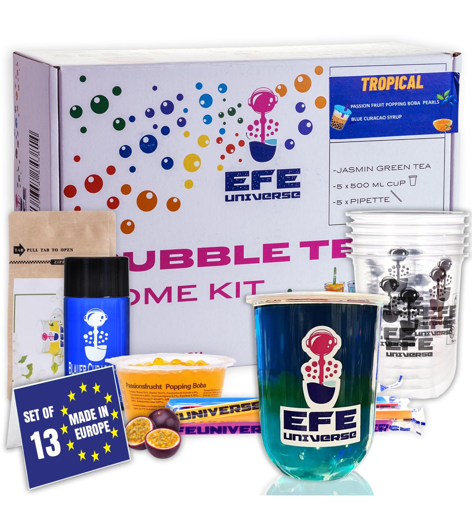 NORDIC SCHILLER Bubble Tea Home Kit Tropical Vibes 100% Vegetarian and Gluten Free Boba Tea Kit Passion Fruit Popping Boba Pearls Blue Cracao Syrup and Jasmine Green Tea Bubble Tea Gift Set - Buy Online on SooperMarket.com