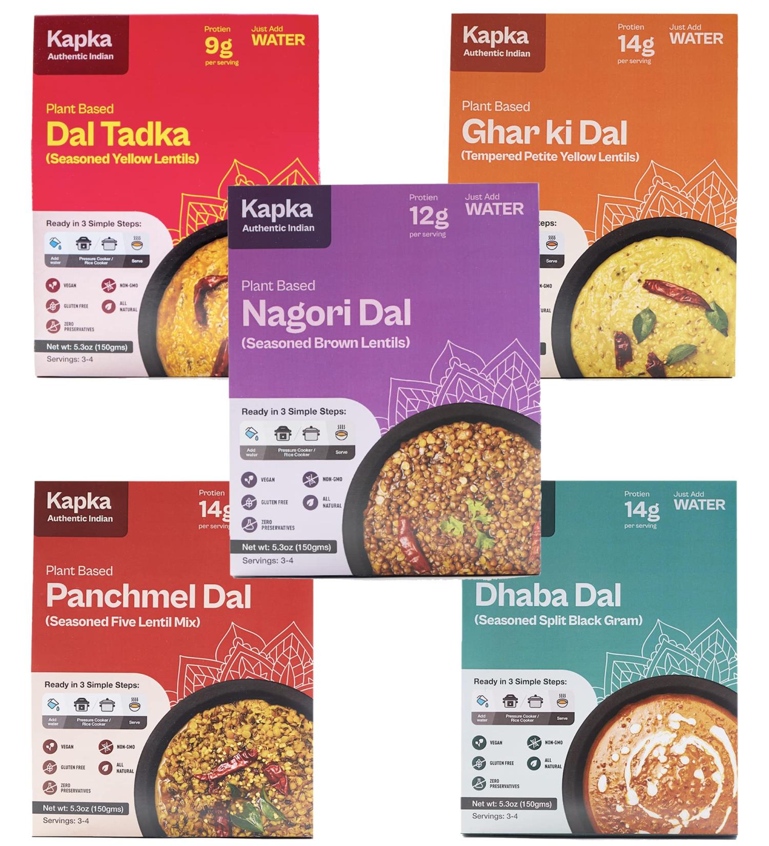Kapka Vegan Indian Dal Plant Based Protein - 5 Pack Variety | Seasoned Ready to Eat Entrees for Instant Pots | Non-GMO Gluten Free | 3-4 Servings Per Pack | Pack of 5 Dals - Buy Online on SooperMarket.com