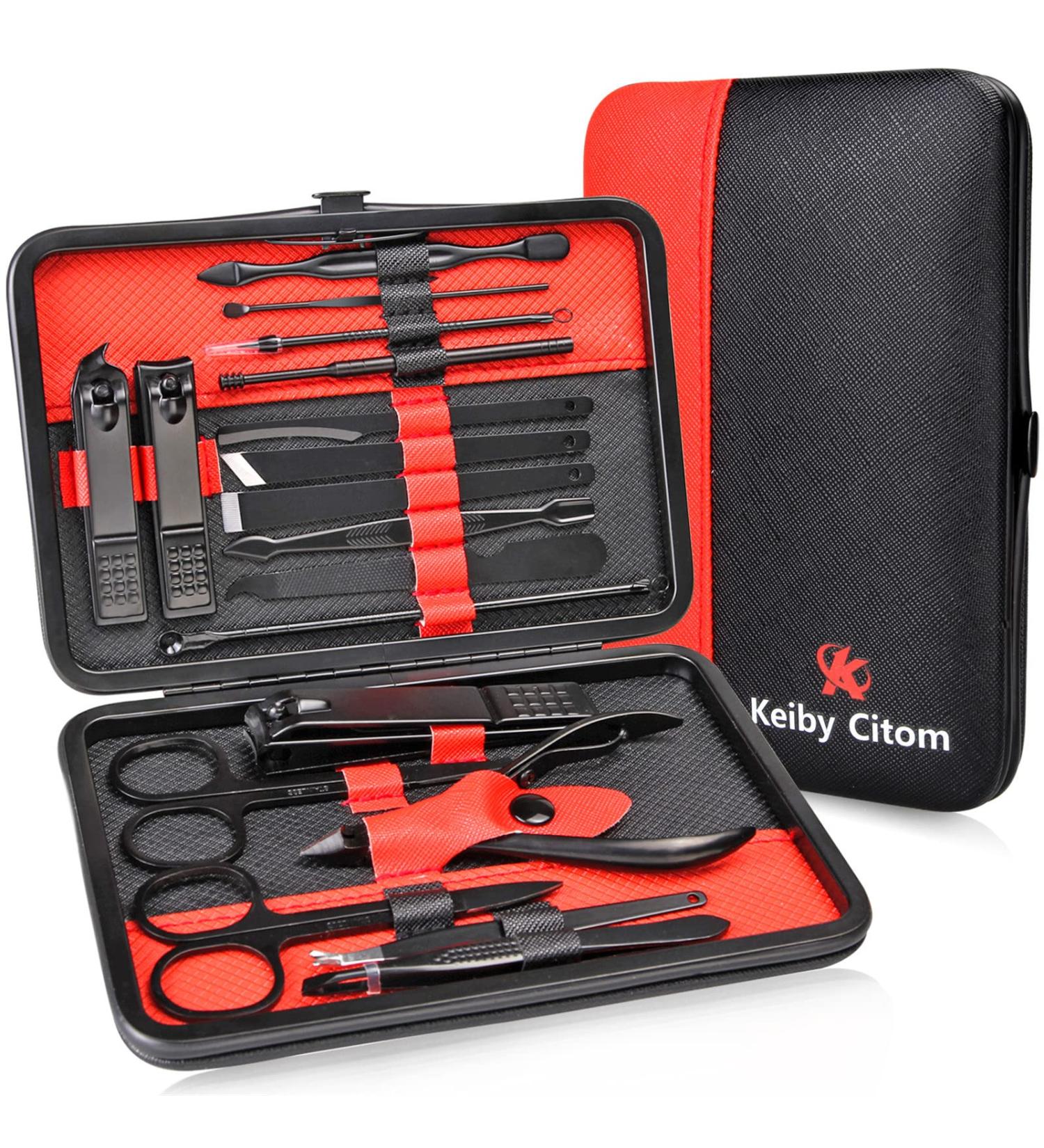 Keiby Citom Manicure Set 18pcs Professional Nail Clippers Kit Pedicure Care Tools-Stainless Steel Grooming Tools With Rose Gold PU Leather Case for Travel & Home (Black/Red) - Buy Online on SooperMarket.com