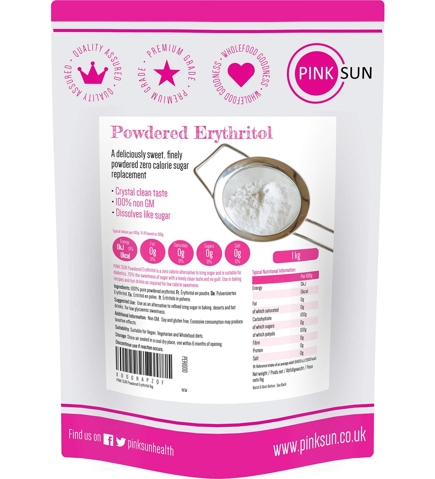 PINK SUN Erythritol Sweetener Powdered 1kg (or 2kg 3kg 5kg) Fine Powder Natural Icing Sugar Replacement Zero Calories Non GMO 1000G 1 kg (Pack of 1) - Buy Online on SooperMarket.com