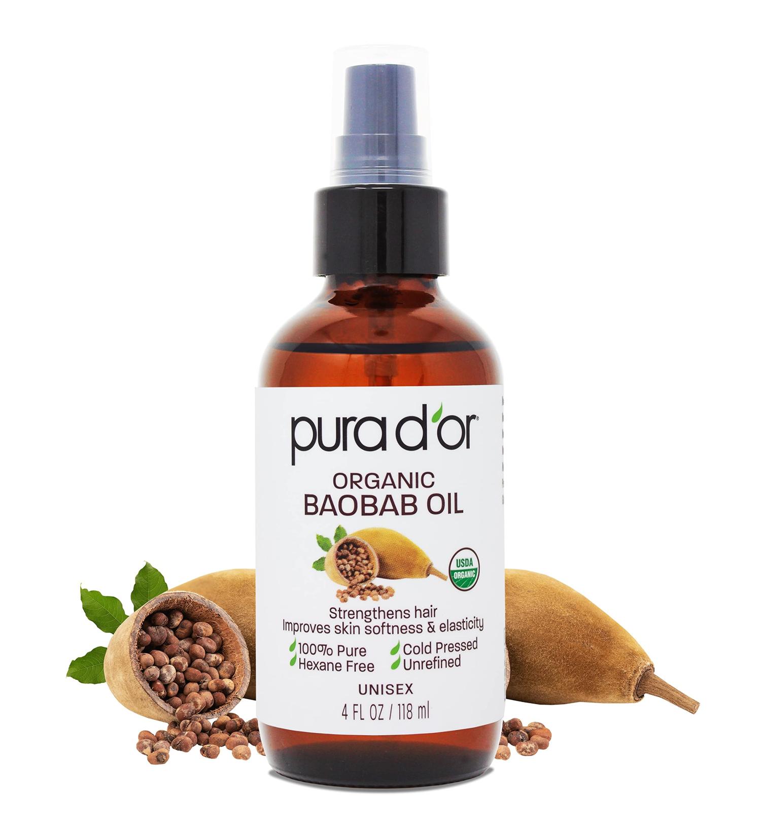 PURA D'OR Organic Baobab Oil 4 Oz - 100% Pure USDA Certified Moisturizer - Cold Pressed Unrefined & Hexane-Free Carrier Oil for DIY Skin Care - Buy Online on SooperMarket.com