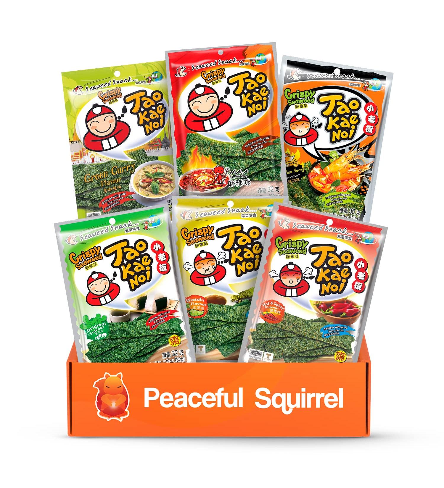 Peaceful Squirrel Variety Tao Kae Noi Thai Crispy Seaweed 6-Pack - Healthy On-The-Go Nori Snacks for Kids & Adults | Omega-3s, Fiber, Antioxidants, Vitamin B12 | 6 Flavors | 6 Bags, 1.2 oz - Buy Online on SooperMarket.com