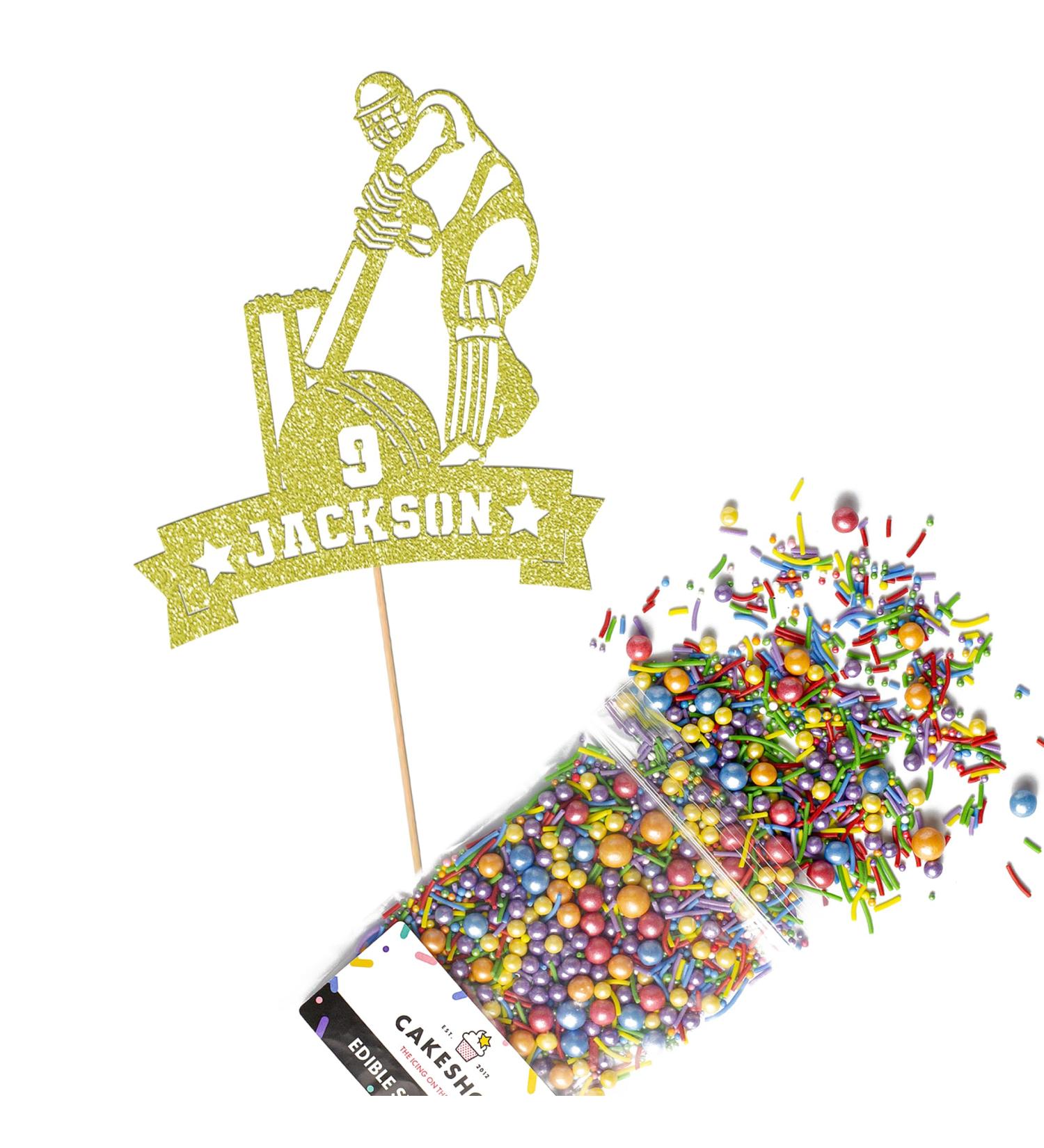 Cakeshop Cake Decoration Pack | Cricket Theme Premium Double Sided Glitter Card Cake Topper Sign & 25g Party Pack of Cake Sugar Sprinkles | Custom Name & Age Cake Decorations (Champagne) Prime Glitter Card: Champagne - Buy Online on SooperMarket.com