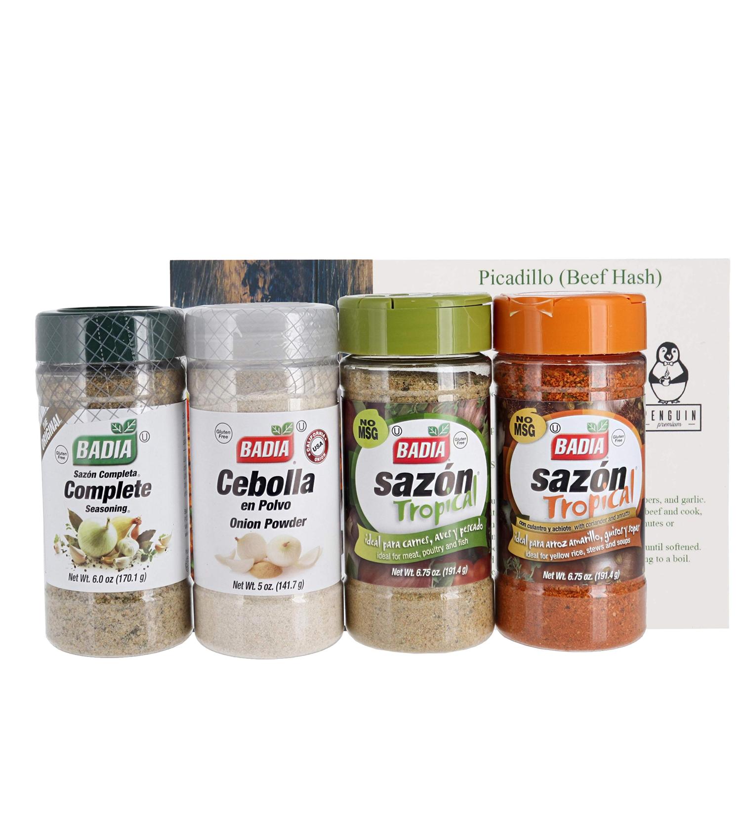 Badia Complete Seasoning  Sazon Tropical with Annatto & Coriander  Sazon Tropical  and Onion Powder Seasoning Bundle (4 Pack) W/ Premium Penguin Recipe Card - Seasonings for Meats  Salads  and More! - Buy Online on SooperMarket.com