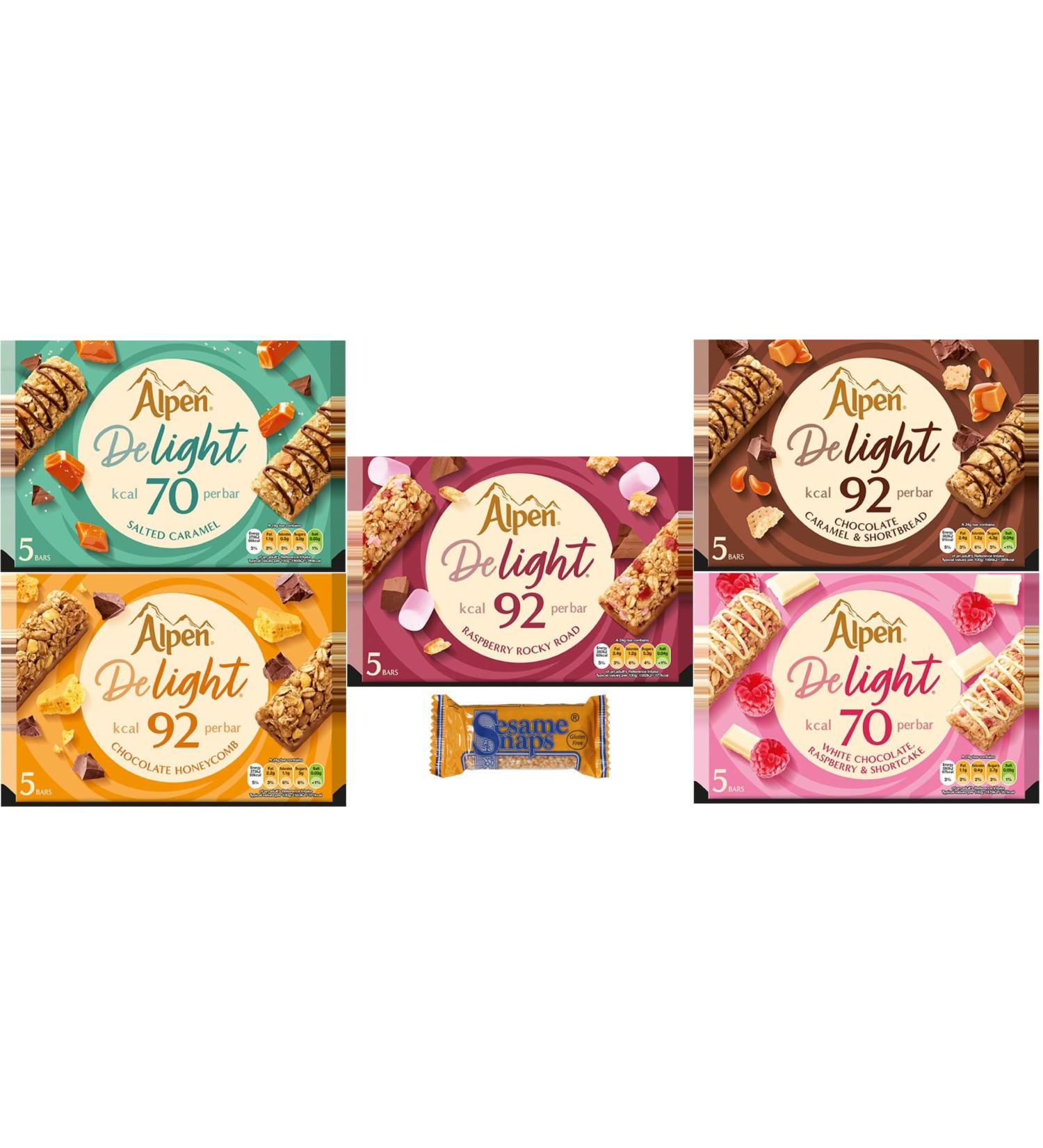 Alpen Delight Cereal Bars Bundle Pack of 5 Different Flavours 25 Bars Total. Low Calorie High in Fibre and Low in Salt. With Sesame Snap Gluten Free Snack Bar - Buy Online on SooperMarket.com
