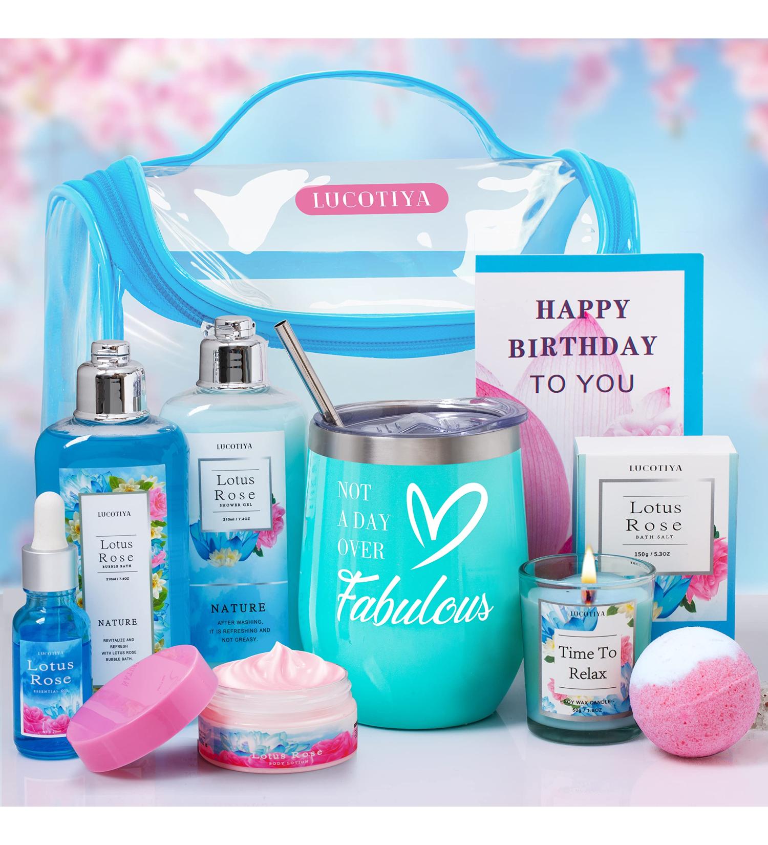 Birthday Spa Gift Set for Women - Lotus Rose Bath & Body Works Baskets | Perfect Present for Mom, Sister, Wife, Auntie | Blue Women's Bubble Bath - Buy Online on SooperMarket.com
