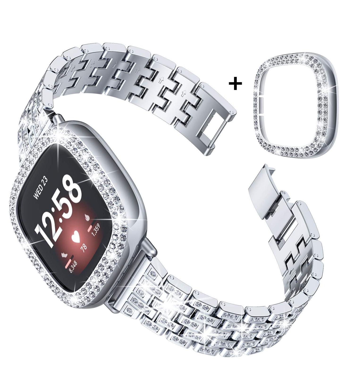 Goton Women's Bling Diamond Brick Design Band & Bumper Case for Fitbit Versa 3/Sense (Silver) - Buy Online on SooperMarket.com