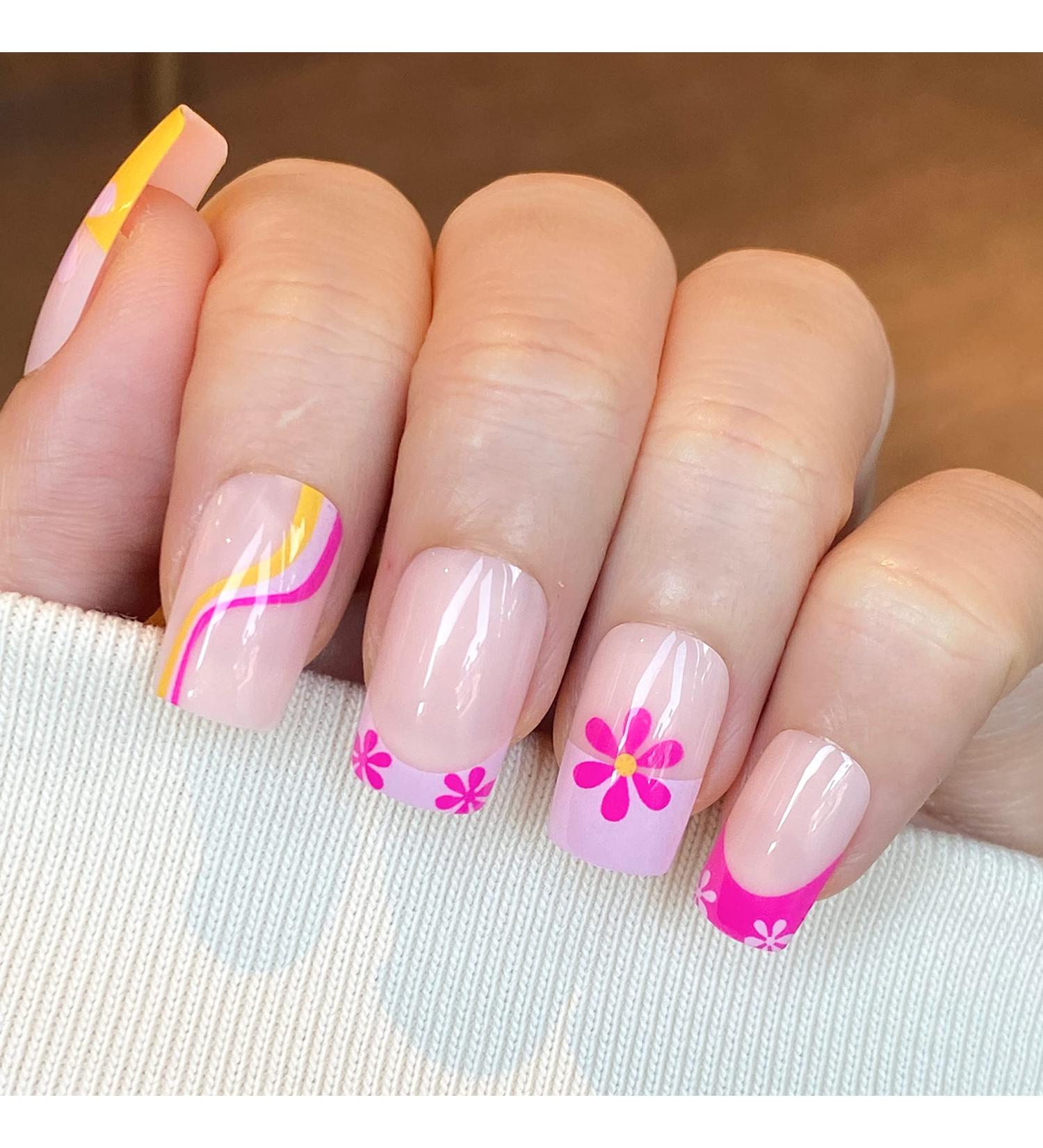 NOVO OVO Short Square Floral False Nails Kit - Happiness as Flowers Purple Lavender Swirl - Valentine's Day & Spring - Buy Online on SooperMarket.com