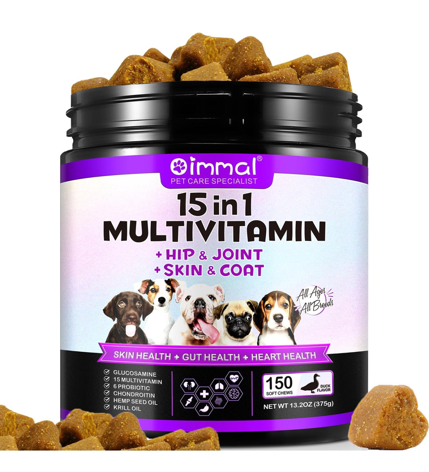 Dog Multivitamin Chewable Supplements 15 in 1. Hip Joint Skin Coat Skin Health Gut Health and Heart Health. Digestion & Immune System for All Ages All Breeds Dogs x150 Chews. Duck Flavor. - Buy Online on SooperMarket.com