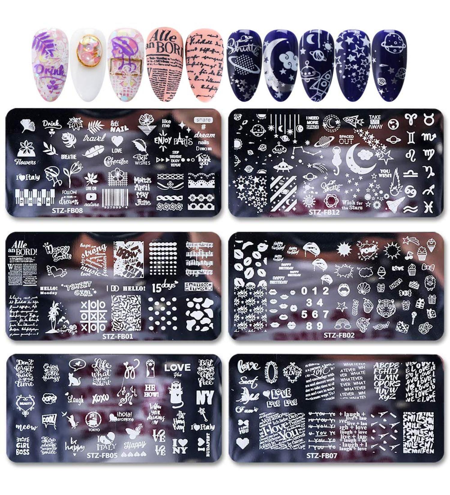 Mwoot 6Pcs Nail Art Stamping Plate Set - Starry Sky, Unicorn, Cat, Love, Leaves, Lace Theme - Buy Online on SooperMarket.com
