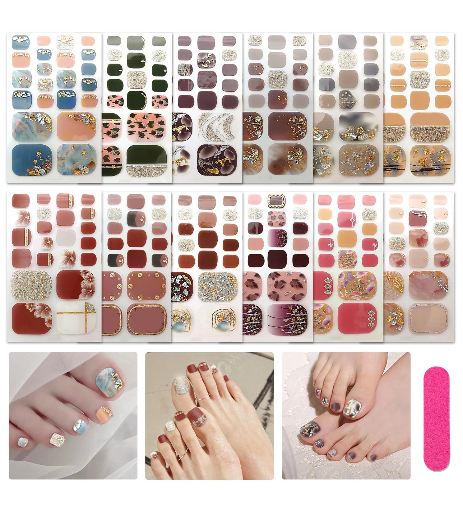 JSRQT 12 Sheets Toenail Polish Stickers Diamond Glitter Full Wrap Toe Nail Art Stickers Decals for Women Girls Self Adhesive Nail Stickers Manicure with Nail File Nail Stickers Strip for Feet DIY - Buy Online on SooperMarket.com