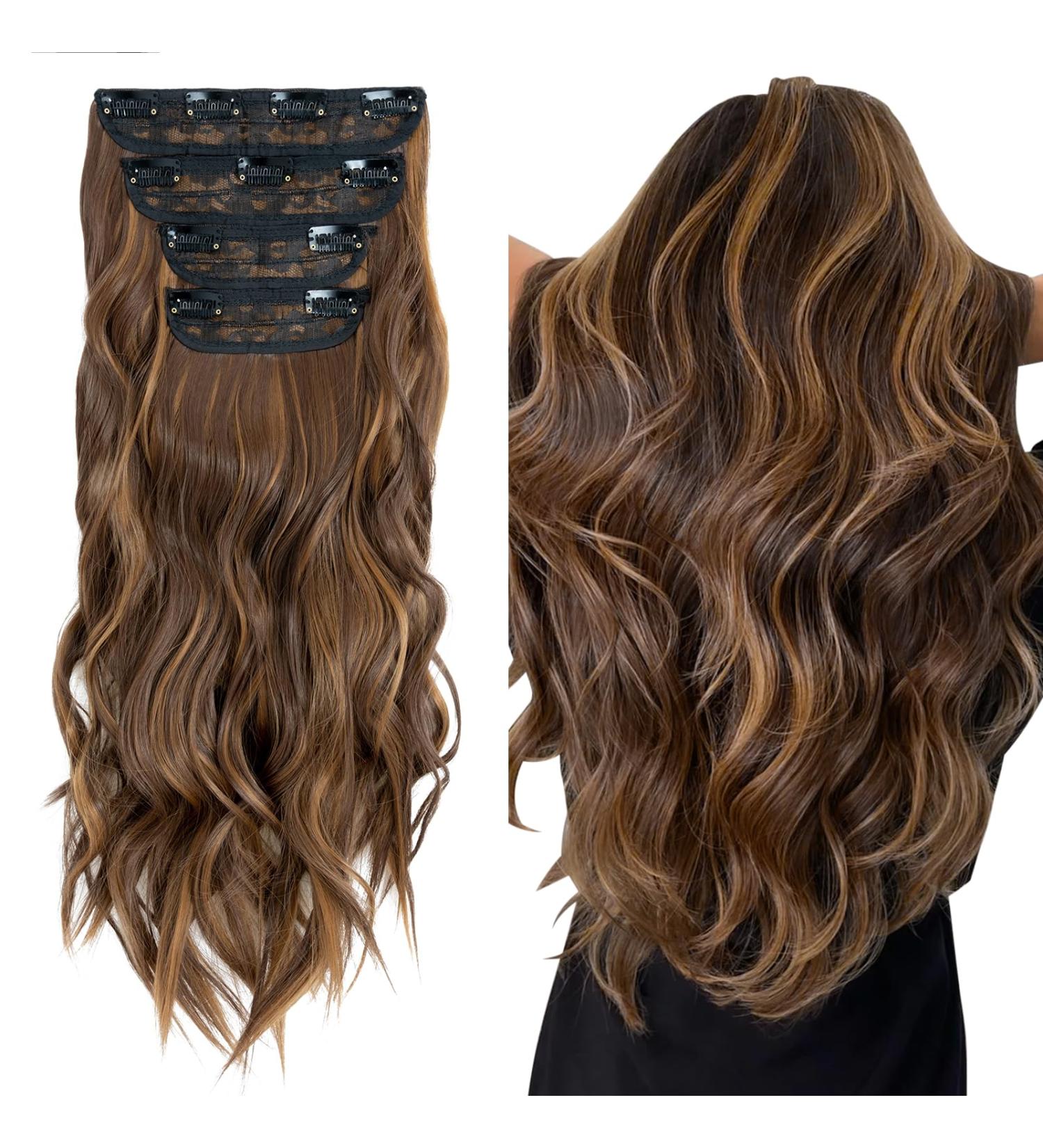 4PCS Curly Clip in Hair Extensions 22 Inches Synthetic Hair Pieces - Chocolate Brown to Sandy Brown - Full Head Wavy Hair for Women - Buy Online on SooperMarket.com