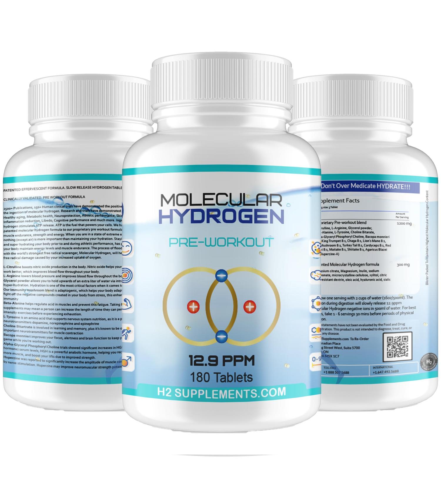 H2Supplements Molecular Hydrogen Pre-Workout Tablets (180 Tablets) 60 count (Pack of 1)