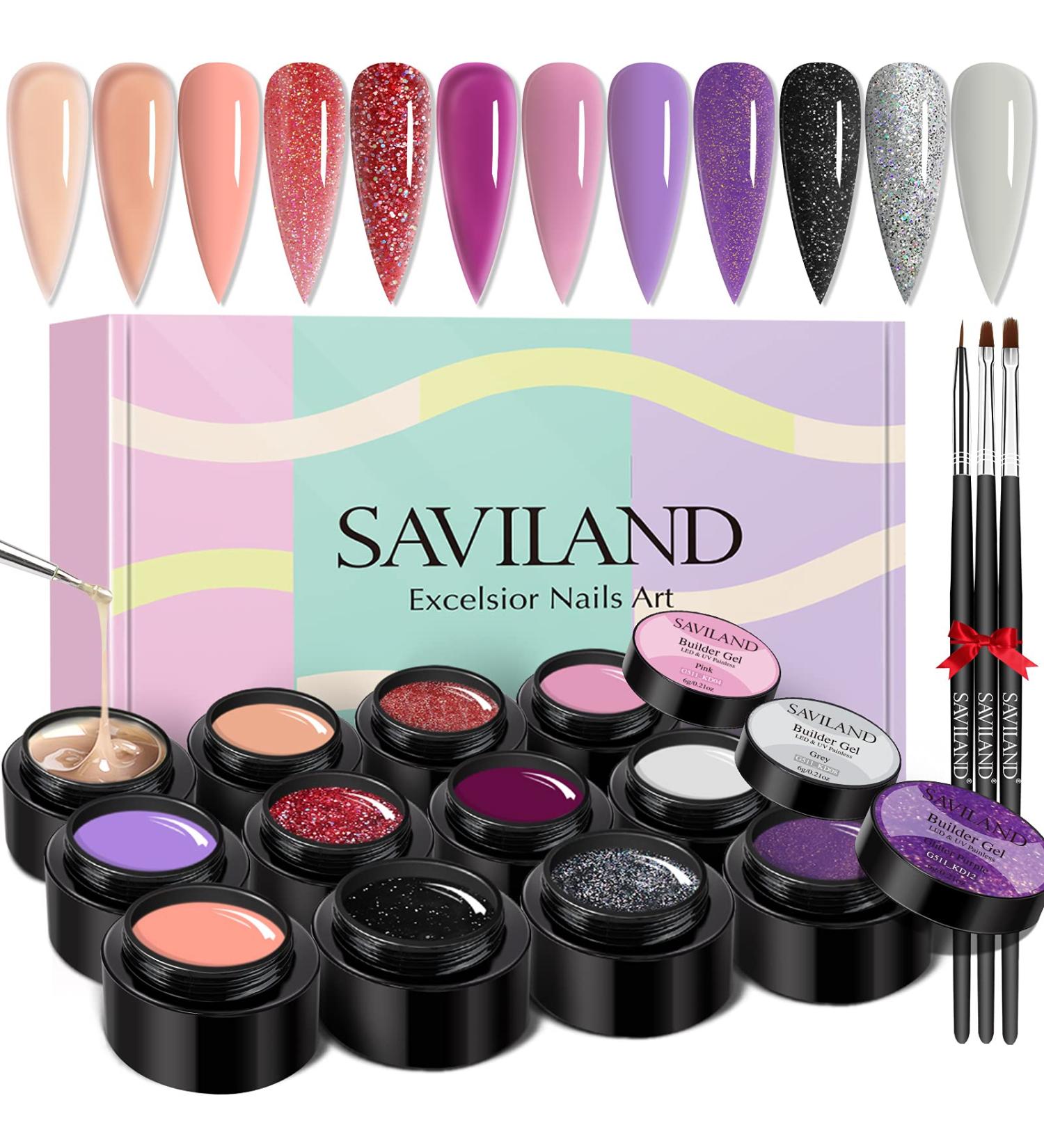 Saviland Builder Nail Gel Kit - 12 Colors Extension Glitter Hard Gel Set for Nail Strengthening and Art - Includes 3 Nail Brushes and Forms - A-Glitter Series - Buy Online on SooperMarket.com