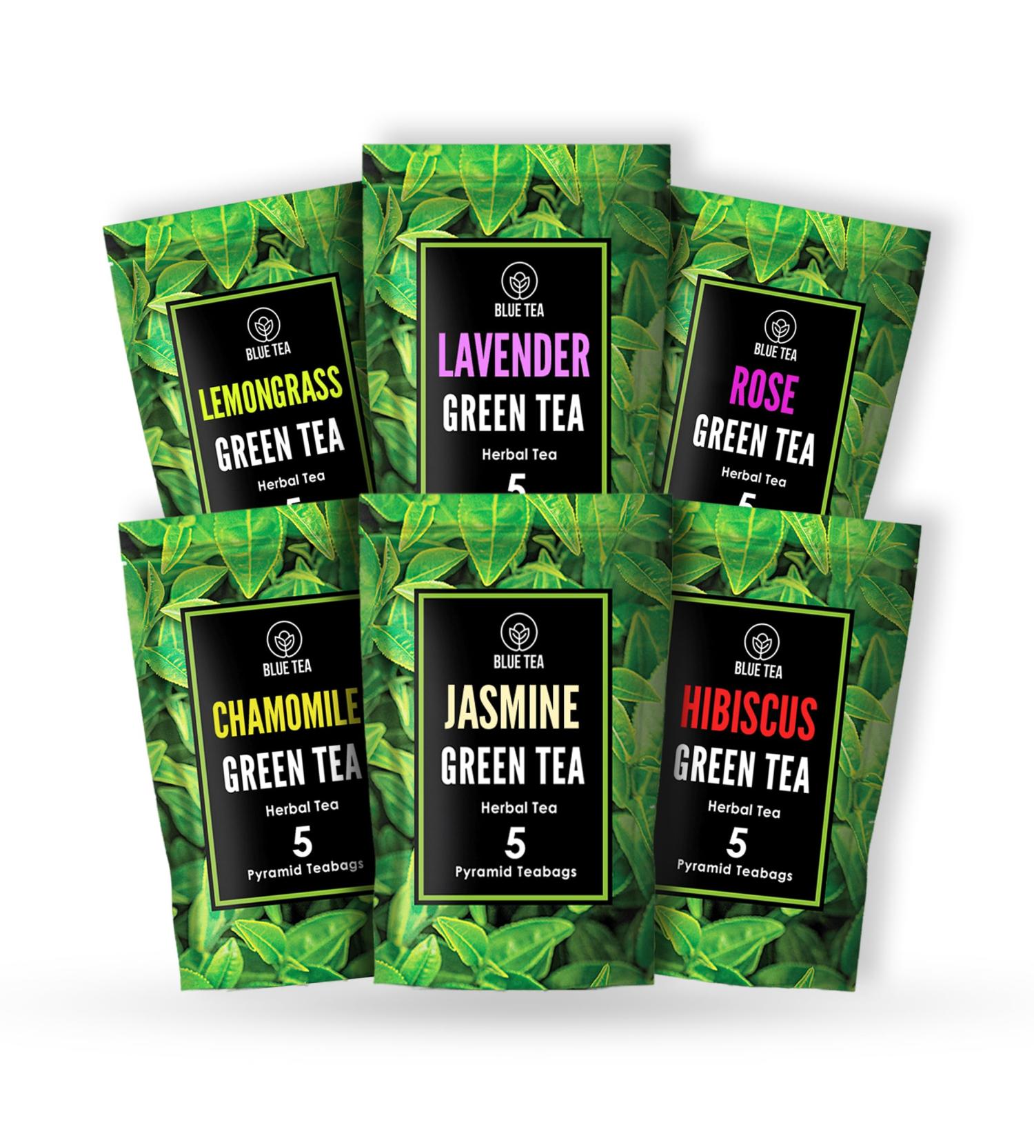 BLUE TEA - Green Tea Assorted Sampler Tea Pack (6 Flavors 30 Tea Bags) | Lemongrass Lavender Rose Chamomile Jasmine & Hibiscus | Gifts for Her & Him | - Buy Online on SooperMarket.com