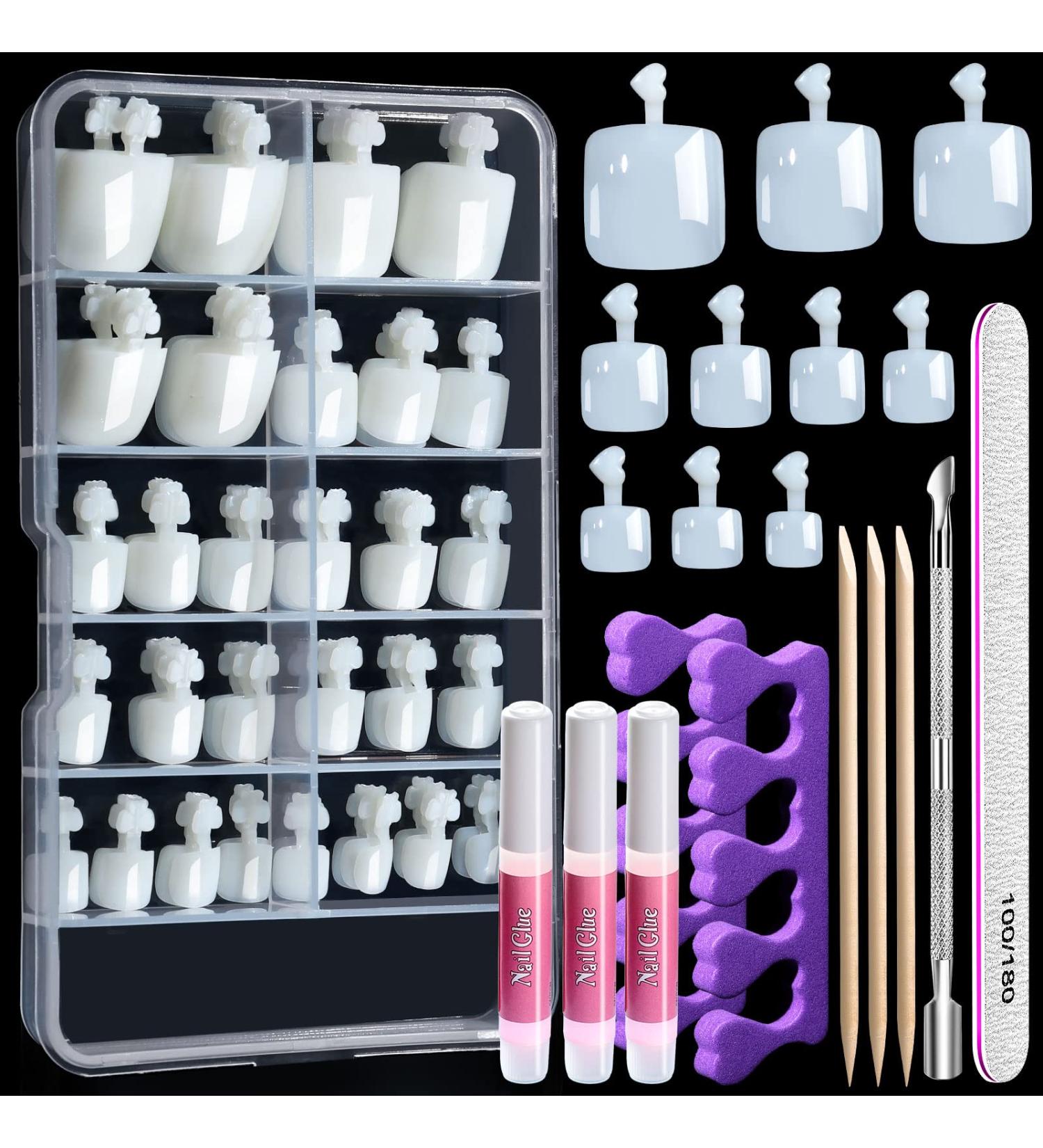 100pcs Natural False Toe Nail Tip Set with Glue - Full Cover Acrylic Fake Toenails for Women & Girls - Includes Cuticle Pusher and Nail File - Buy Online on SooperMarket.com