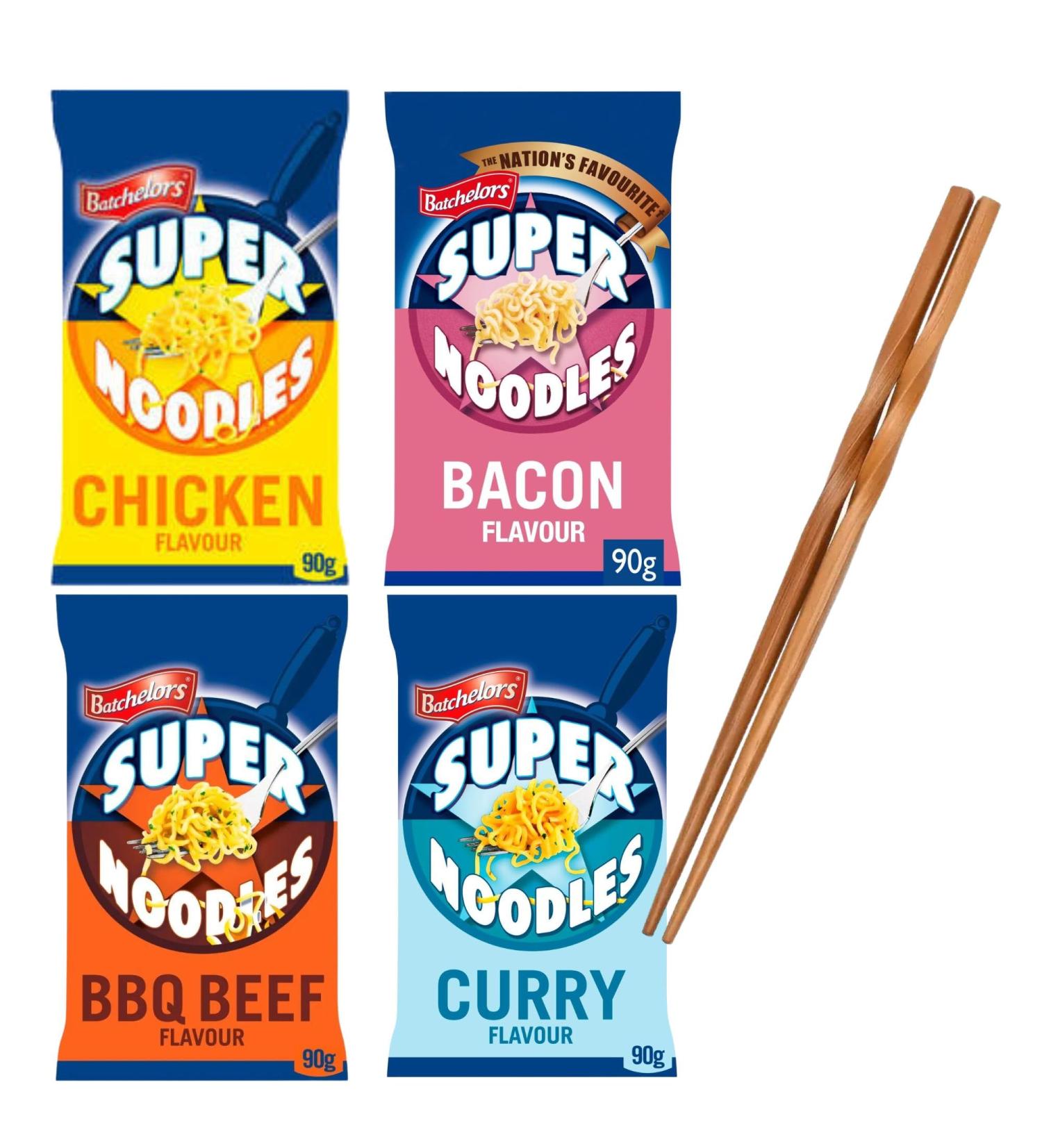 Bachelors Super Noodles Instant Snack Variety Pack: Bacon Chicken BBQ Beef and Curry Flavour 90g Each bundled with Reusable Bamboo Chopsticks - Buy Online on SooperMarket.com