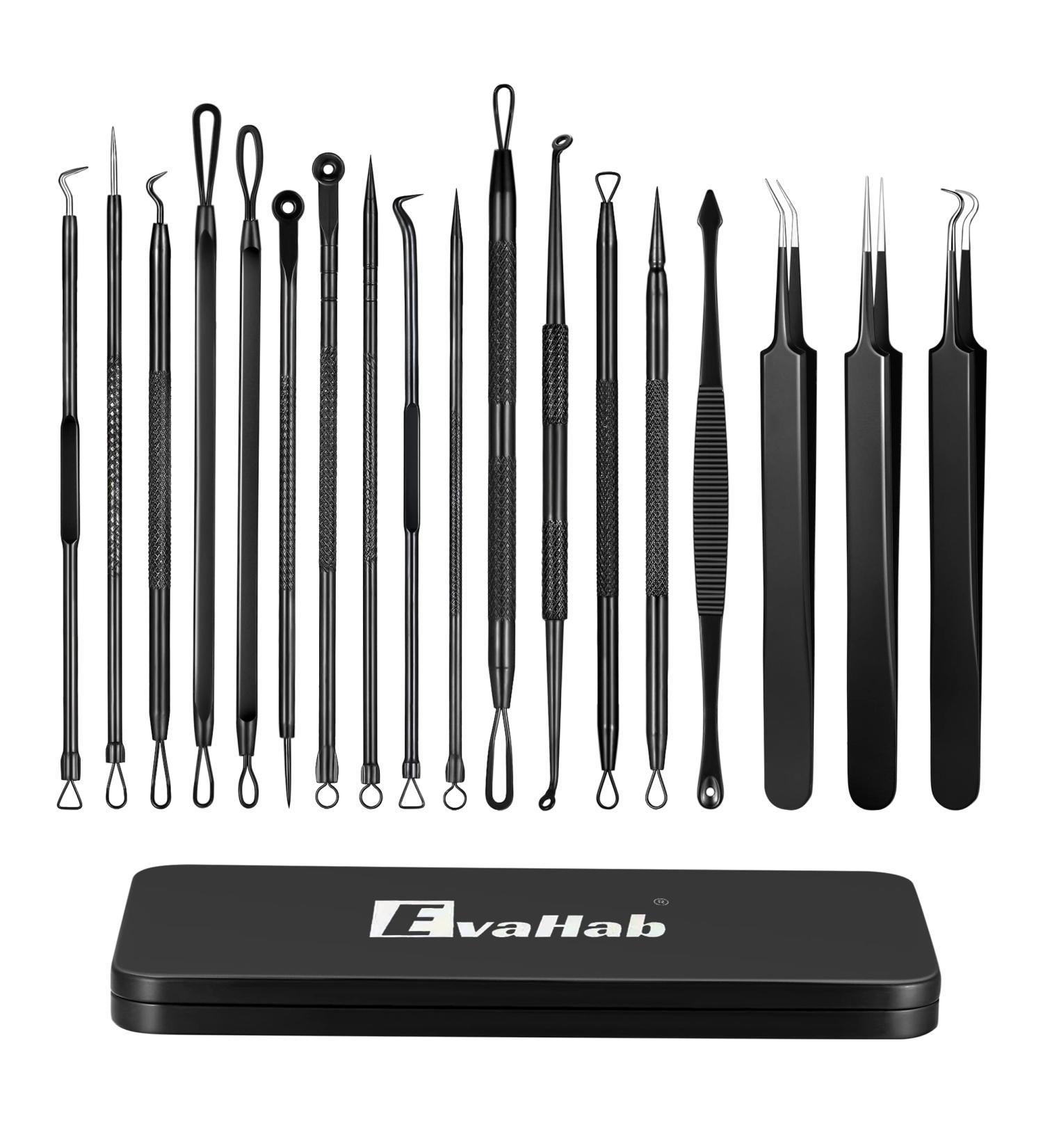 Blackhead Remover Pimple Popper Tool Kit - 19 Pcs Professional Extractor Set for Face and Nose - Stainless Steel Comedone and Whitehead Extractor with Metal Case (Black) - Buy Online on SooperMarket.com