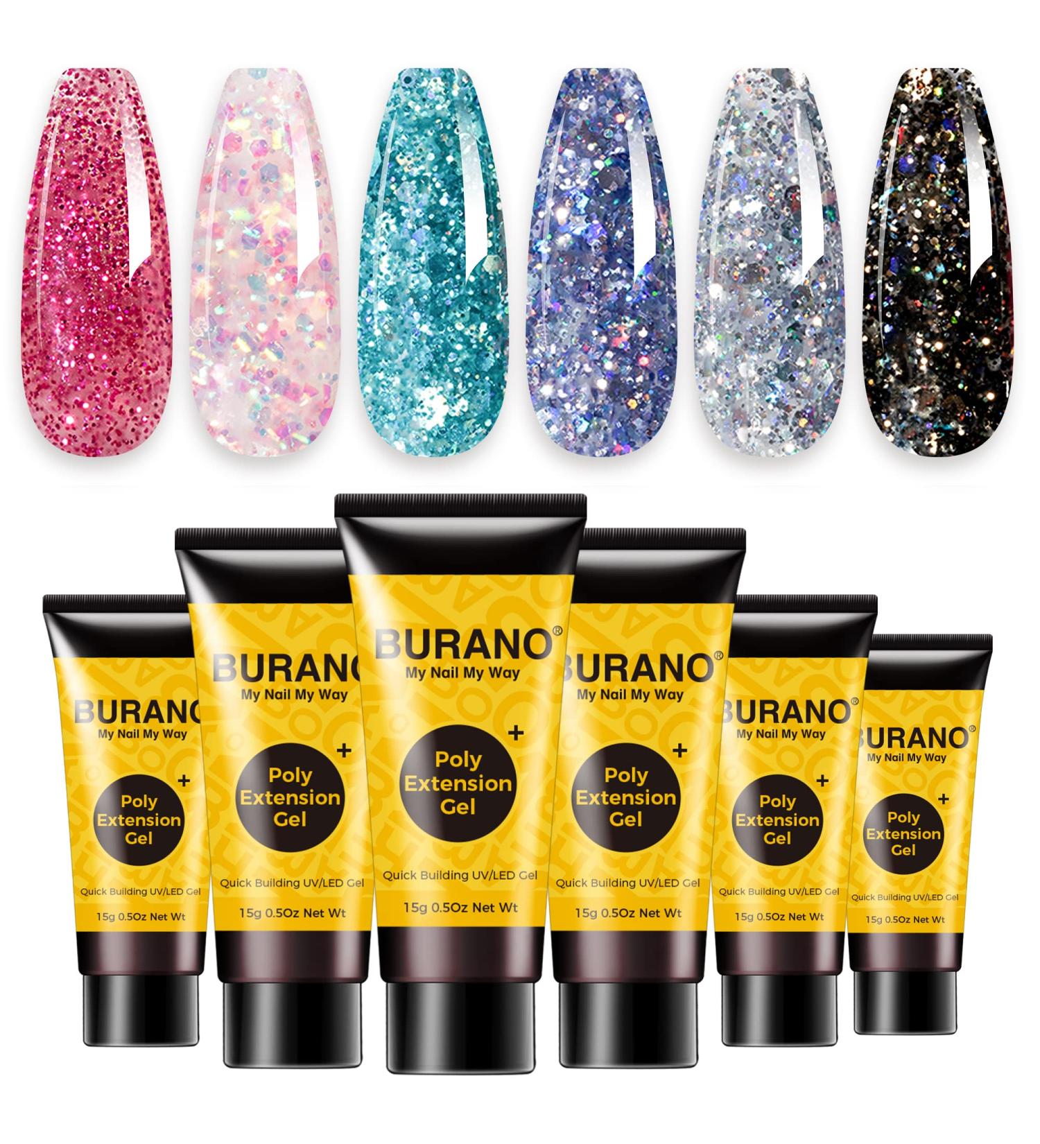 BURANO Poly Extension Gel Nail Kit - 6 Colors Builder Gel Set for Nail Art - DIY Starter Kit for Beginners & Professionals - Glitter Poly Nail Gel Gift - Buy Online on SooperMarket.com