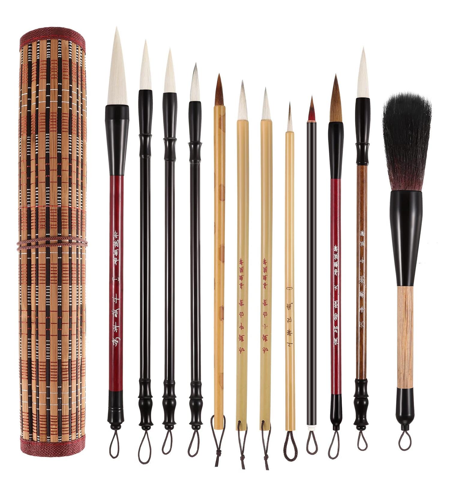 12-Piece Chinese Calligraphy & Watercolor Brush Set with Roll-up Holder - Ideal for Sumi Painting, Kanji Art, and Japanese Writing - Buy Online on SooperMarket.com