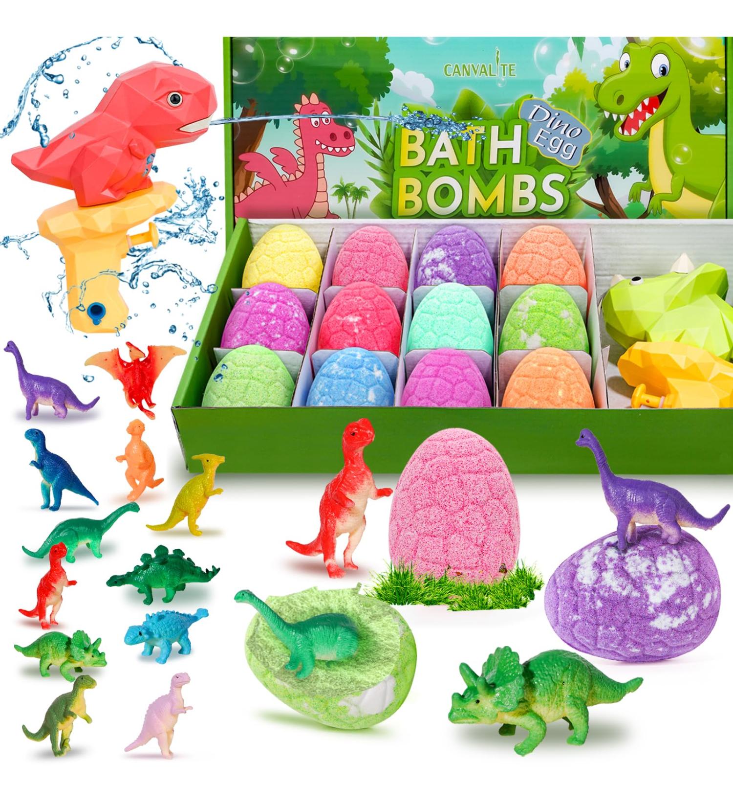 Canvalite Dinosaur Bath Bombs for Kids | 12 Colorful Organic Dino Eggs with Surprise & Water Pistol | Perfect Birthday & Christmas Gift - Buy Online on SooperMarket.com
