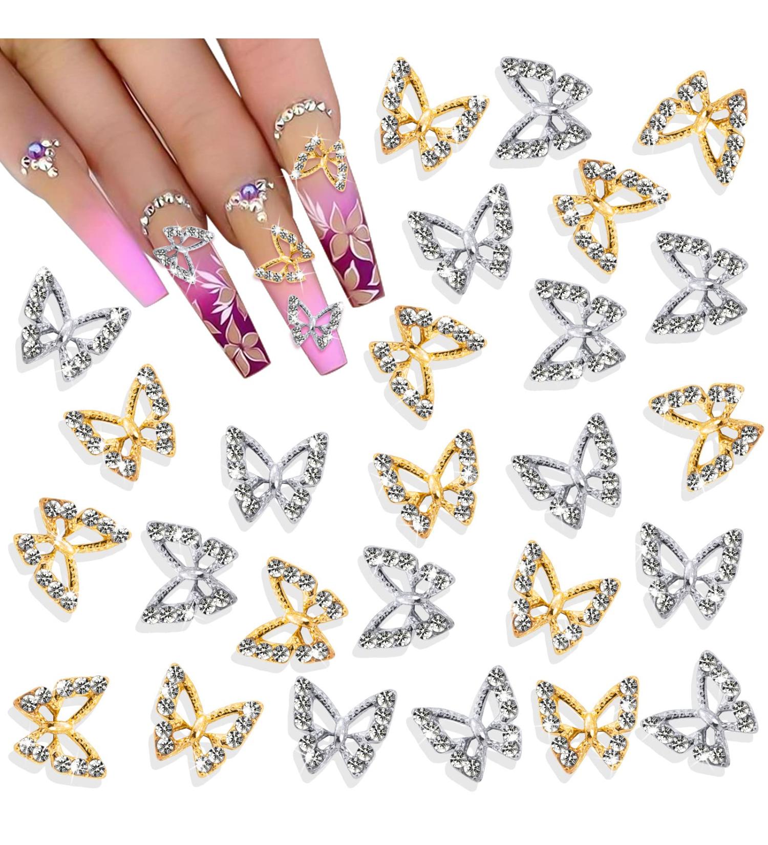 Noverlife 26PCS 3D Alloy Butterfly Nail Charms with Crystal Diamonds - Gold & Silver - Buy Online on SooperMarket.com