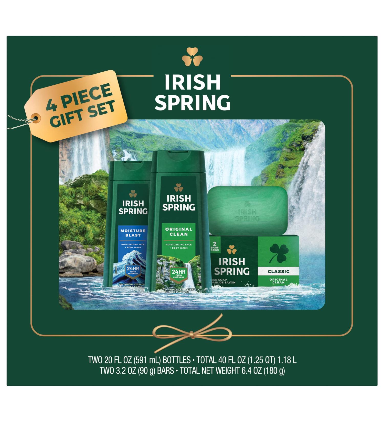 Irish Spring Body Wash Gift Pack Original & Moisture Blast Body Wash 20 oz each (40 oz Total) + 2 Original Bar Soap 3.2oz (6.4 oz Total)