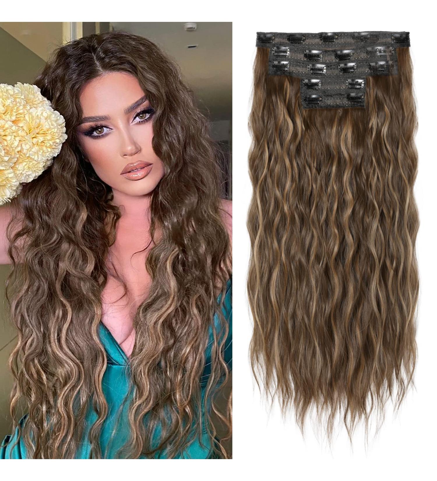 REECHO 5PCS Clip in Hair Extensions 24 Thick Long Loose Waves - Chocolate Brown with Blonde Highlights - Buy Online on SooperMarket.com