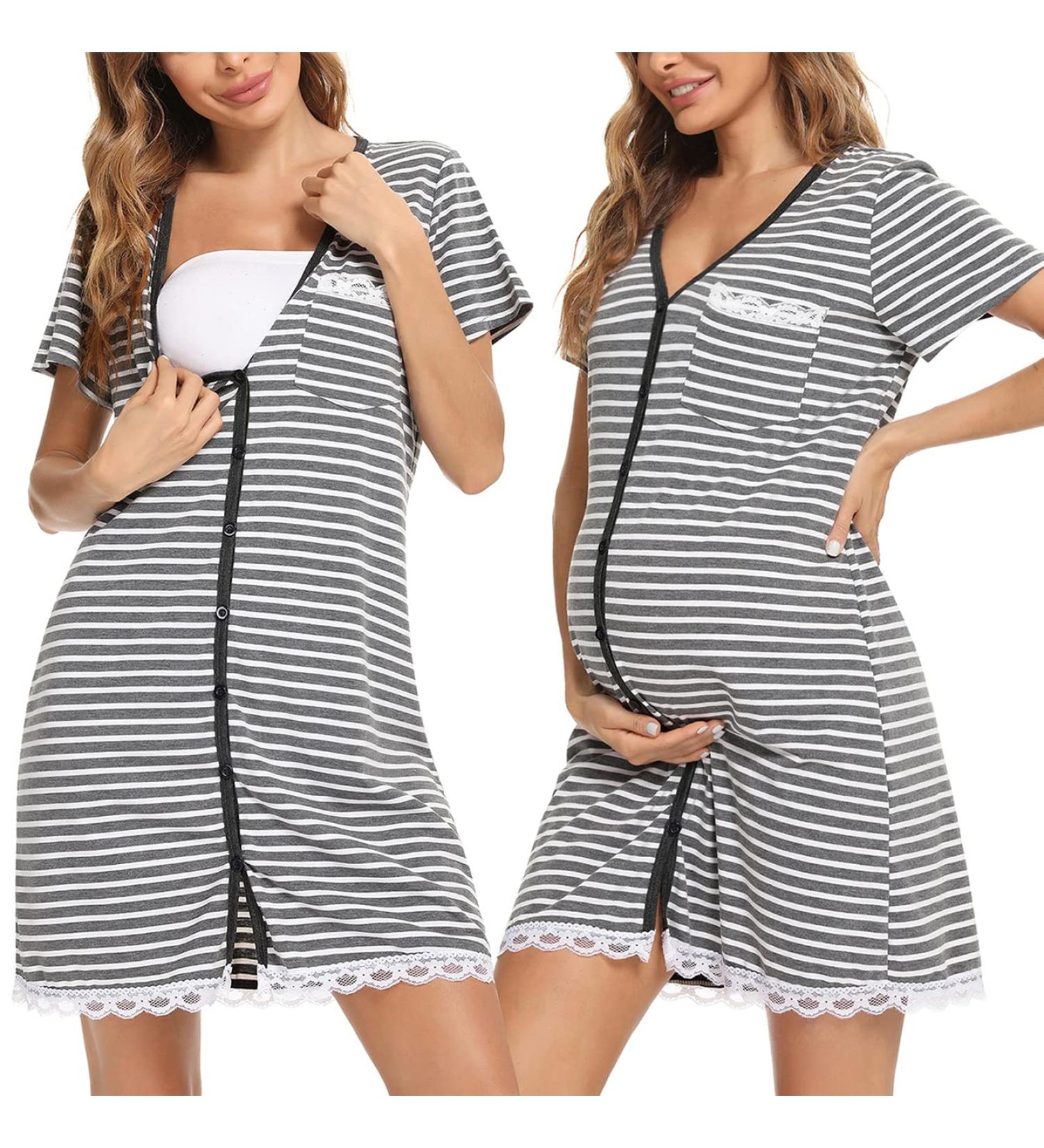 Uniexcosm Maternity Nursing Nightdress Short Sleeve Button Down Grey Stripe Sleepwear - Buy Online on SooperMarket.com
