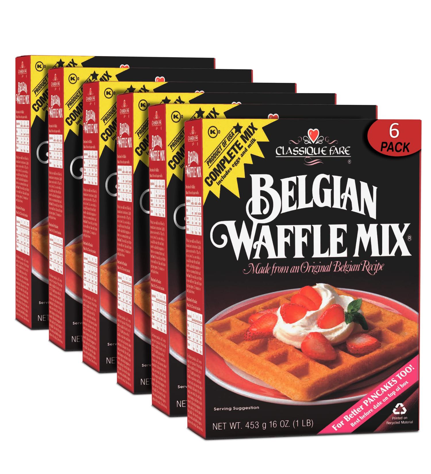 Classique Fare Belgian Waffle Mix - Light & Crisp Waffles, Pancakes, Muffins & Crepes - 6 Pack 16oz Boxes - Breakfast Foods for Waffle Maker - Fast & Fresh - Buy Online on SooperMarket.com