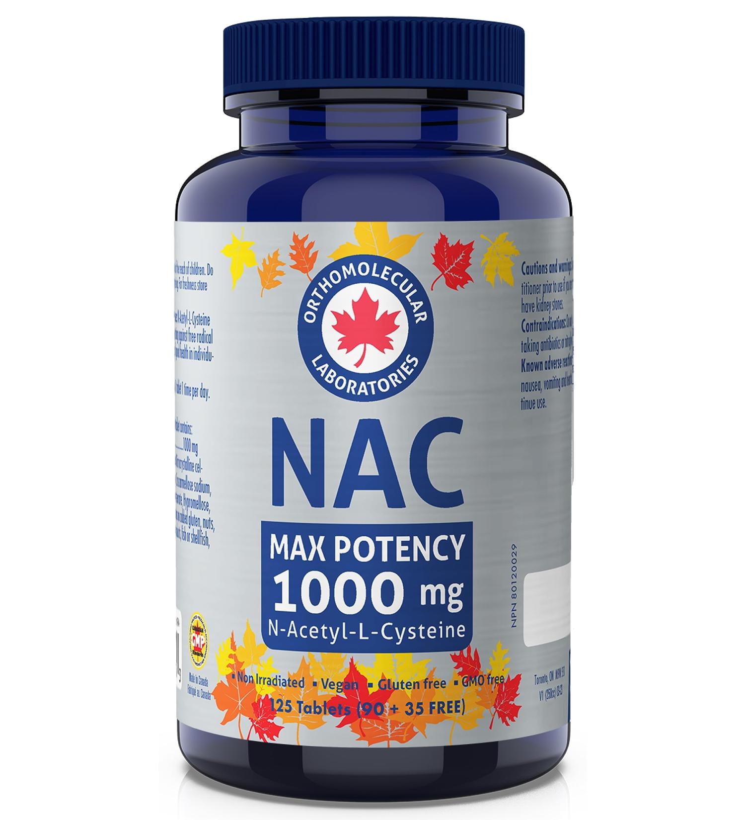 Orthomolecular Laboratories - NAC Supplement N-Acetyl-L-Cysteine 1000mg 125 Tablets Max Potency - Liver Health Lung Health and Respiratory Supplements - N-Acetyl Cysteine NAC Glutathione Supplement - Buy Online on SooperMarket.com