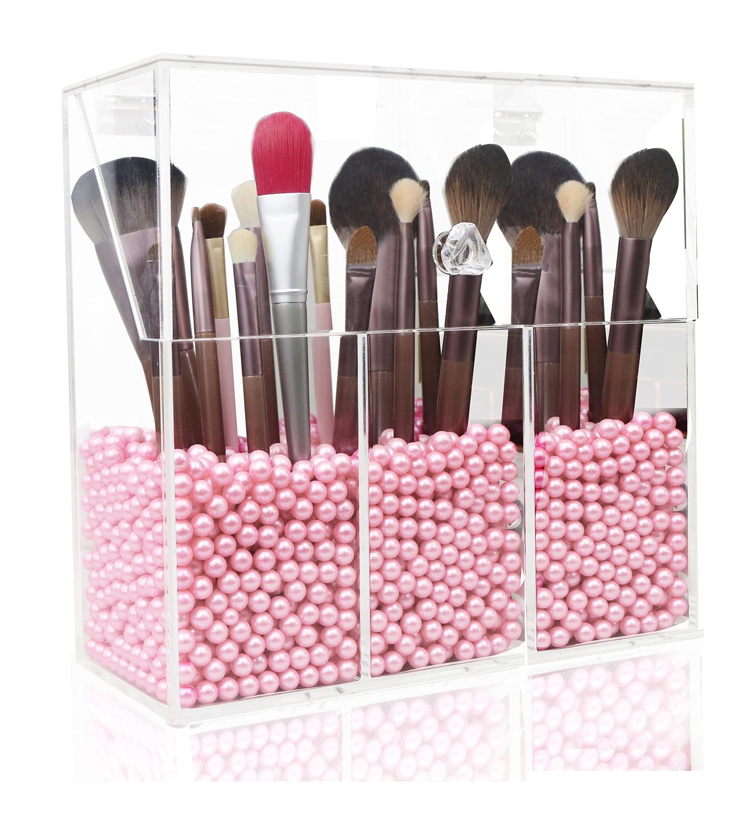 Lumcrissy Acrylic Makeup Brush Organizer with Protective Lid - Dust-proof Cosmetic Storage Case - Pink Pearl 3holder - Buy Online on SooperMarket.com