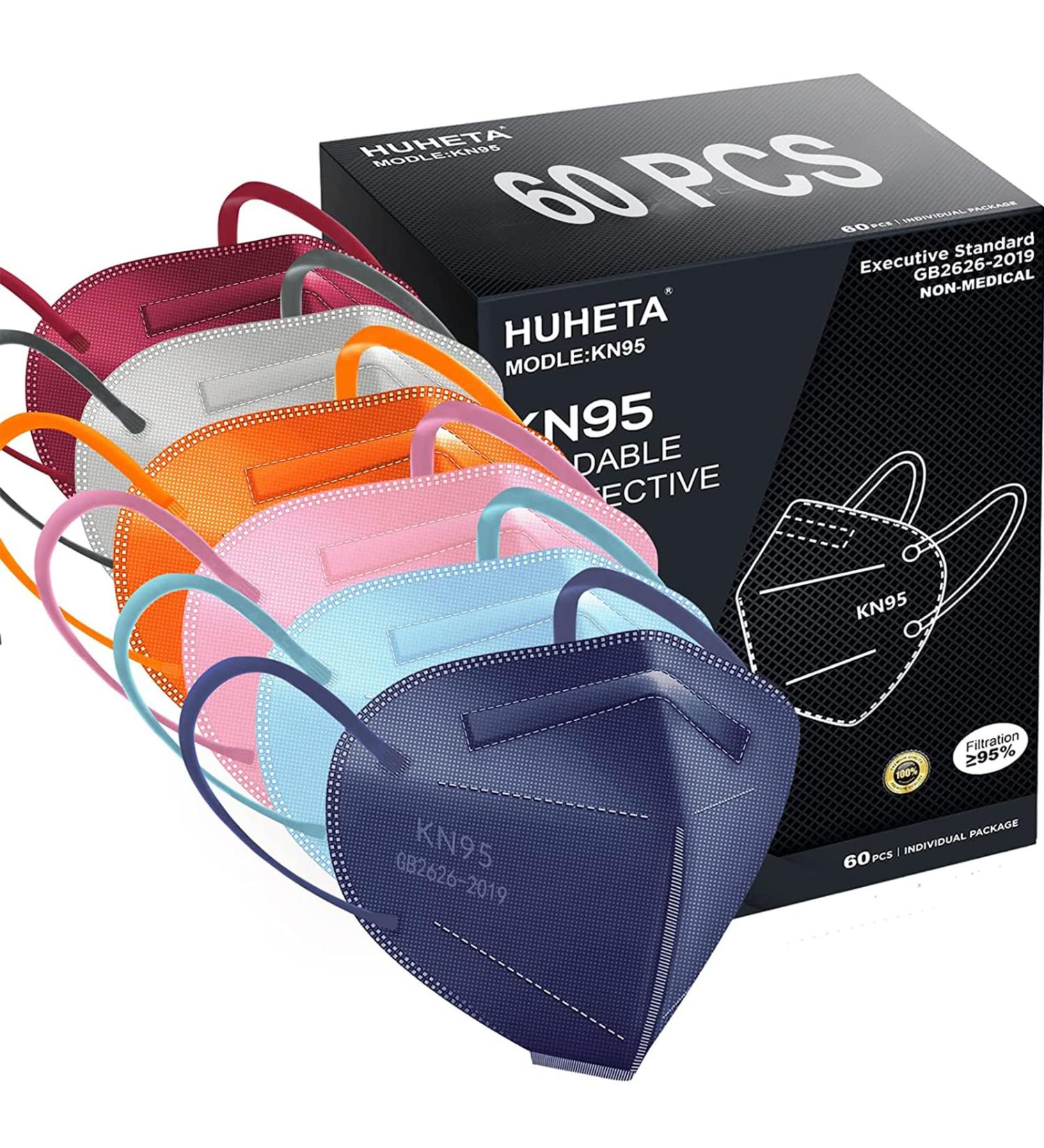 HUHETA KN95 Face Mask 60 Pack 5-Ply Breathable Safety Mask 95% Filter Efficiency - Individually Wrapped, Multicolored Cup Dust Masks - Buy Online on SooperMarket.com