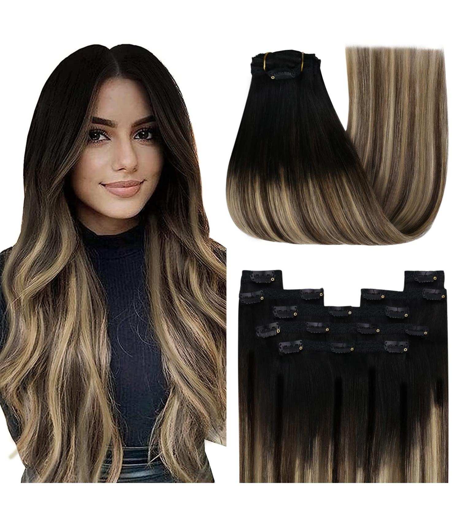 Youngsee Balayage Real Hair Clip-In Extensions - Black to Blonde 55cm Remy 120g (7PCs) - Best Quality Hair Recovery - Buy Online on SooperMarket.com