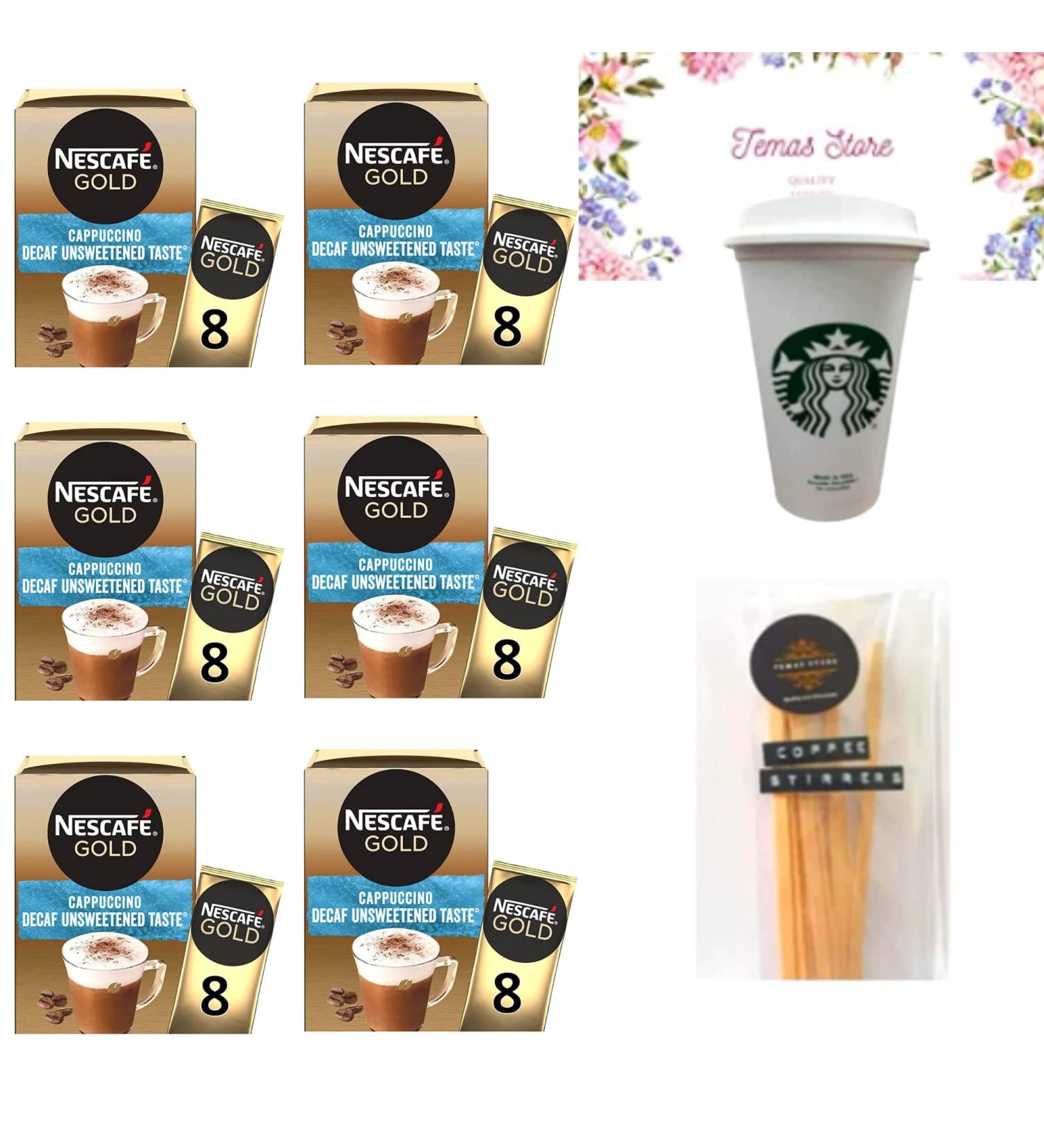 Nescafe Gold Cappuccino Decaf Unsweetened Taste Bundle with Reusable Cup & Stirrer Sticks|Instant Coffee Sachets|Individually Wrapped|For Nescafe Gold Lovers - Buy Online on SooperMarket.com