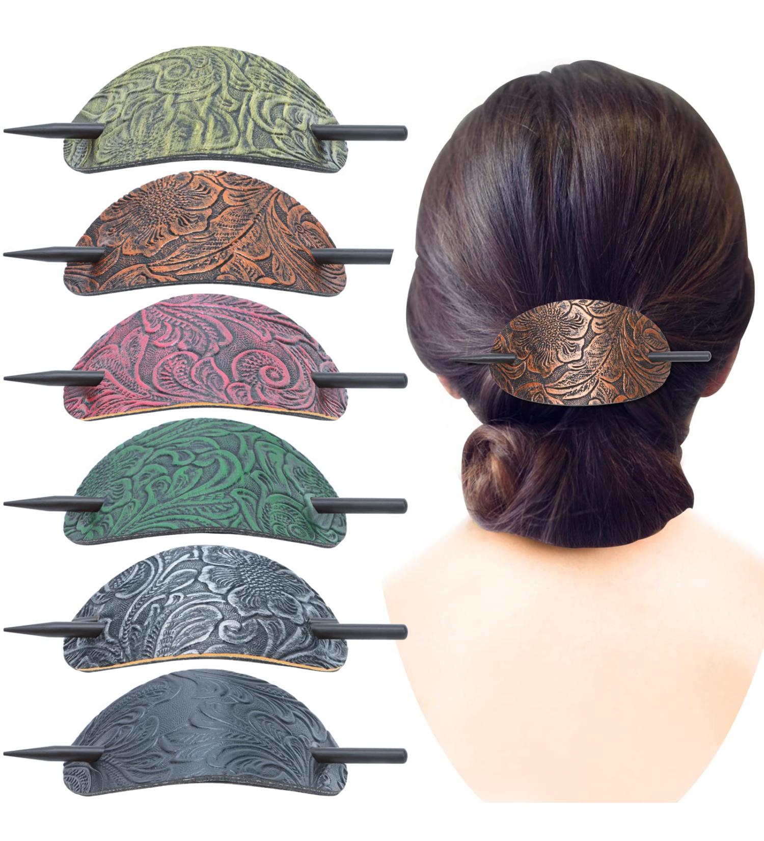 6-Piece Leather Hair Barrette Set for Women | Hair Accessories with Stick | Hair Clip Ponytail Pin for Long Hair - Buy Online on SooperMarket.com