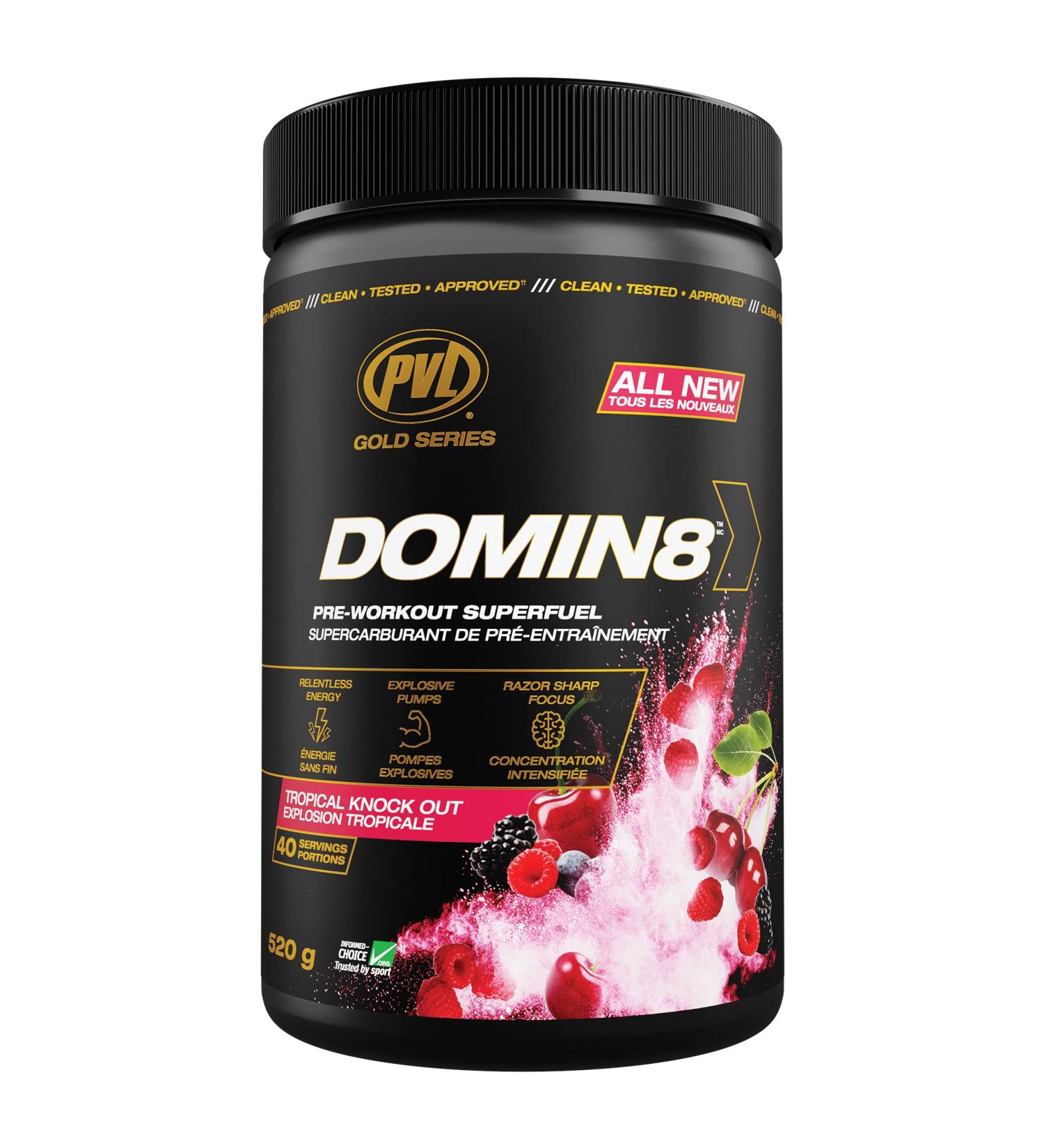 PVL Gold Series Domin8 | Pre-workout Superfuel - full dose Preworkout - 520 g - Tropical Knock Out - Buy Online on SooperMarket.com