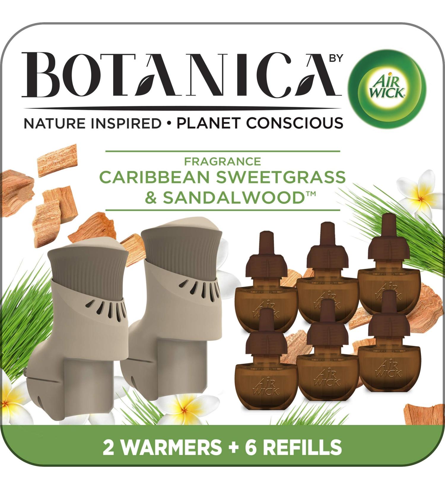 Botanica by Air Wick Plug in Starter Kit - Caribbean Sweetgrass & Sandalwood Scented Oil with 2 Warmers + 6 Refills - Eco Friendly Air Freshener with Essential Oils - Buy Online on SooperMarket.com
