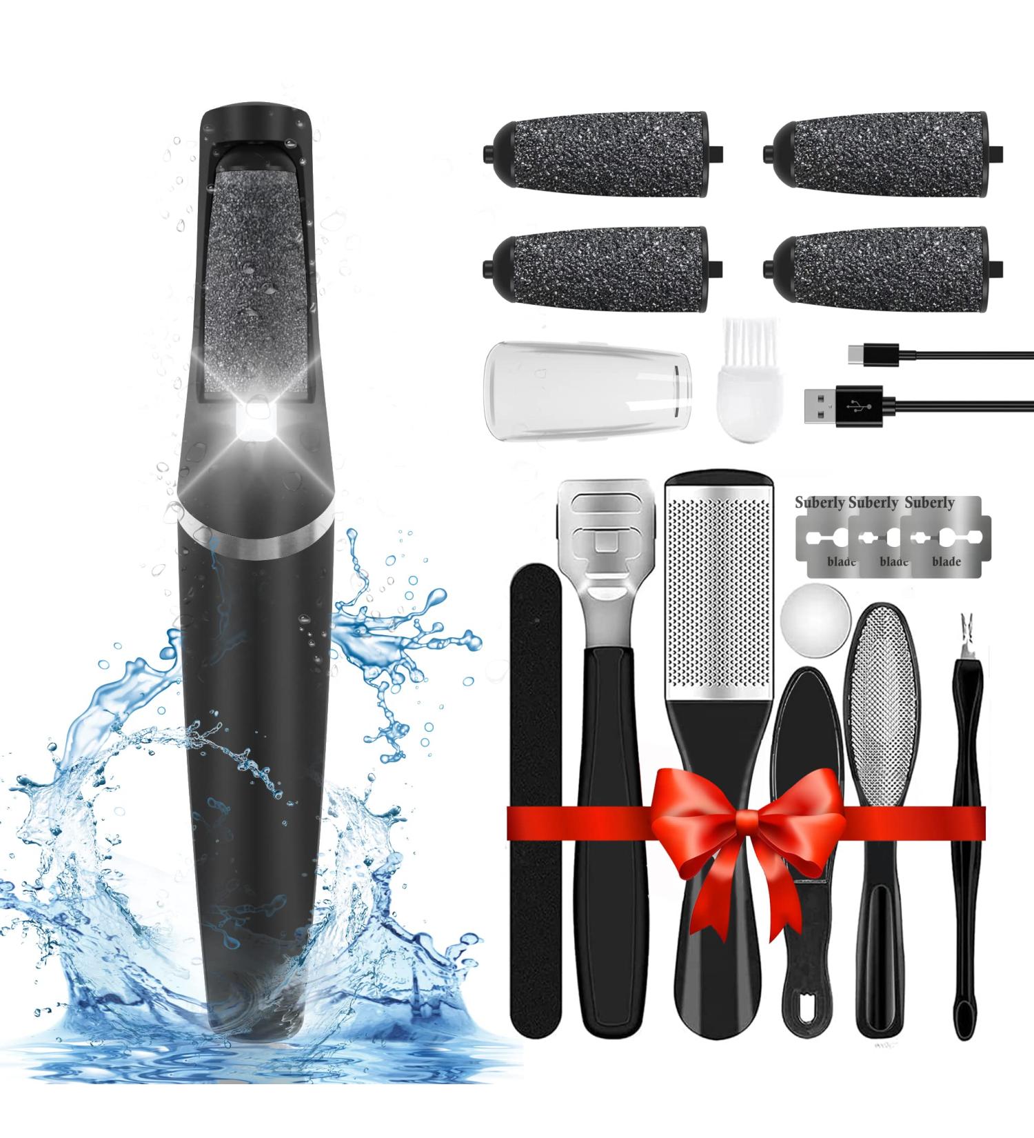 Rechargeable Electric Foot Callus Remover Kit | Waterproof Pedicure Tool with 4 Grinding Heads | Foot Care for Dead Skin | Ideal Gift - Black - Buy Online on SooperMarket.com