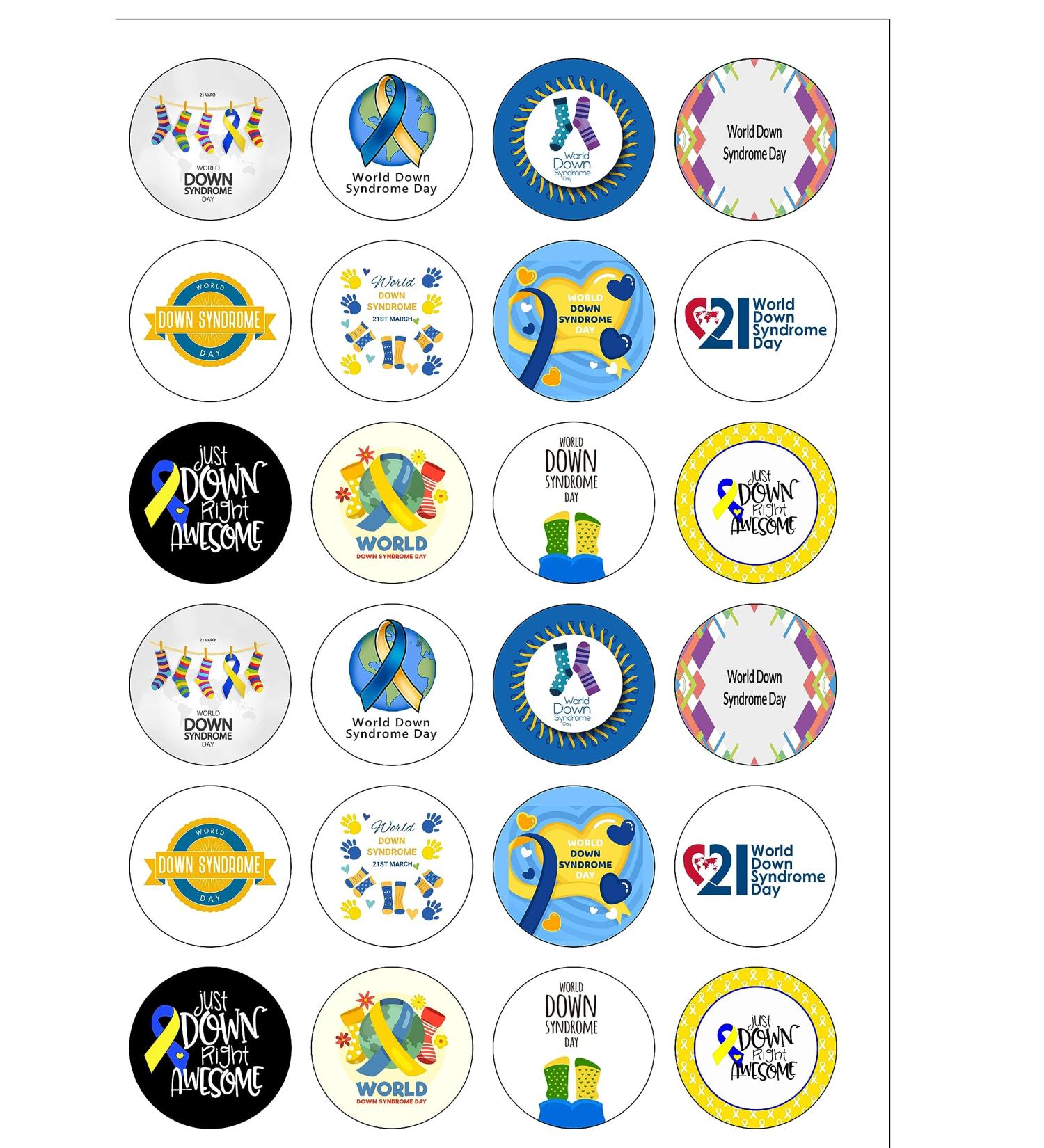 24 Pre-Cut Round World Down Syndrome Day Edible Wafer paper Cake Toppers Decorations