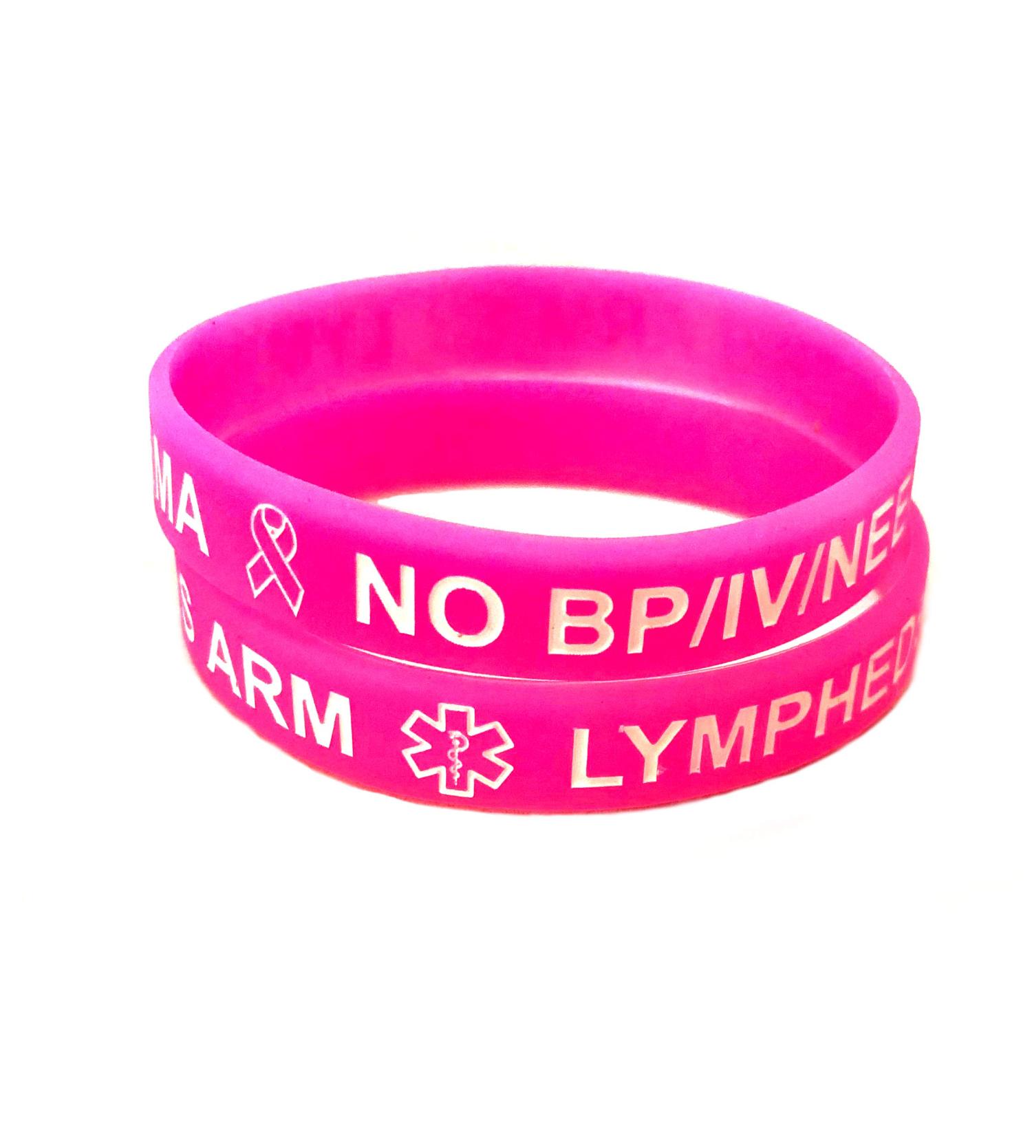 Pink Lymphedema - No Bp/IV/Needles Silicone Bracelet - 3 Adult Sizes! (Lot of 2) 8.5 Inches