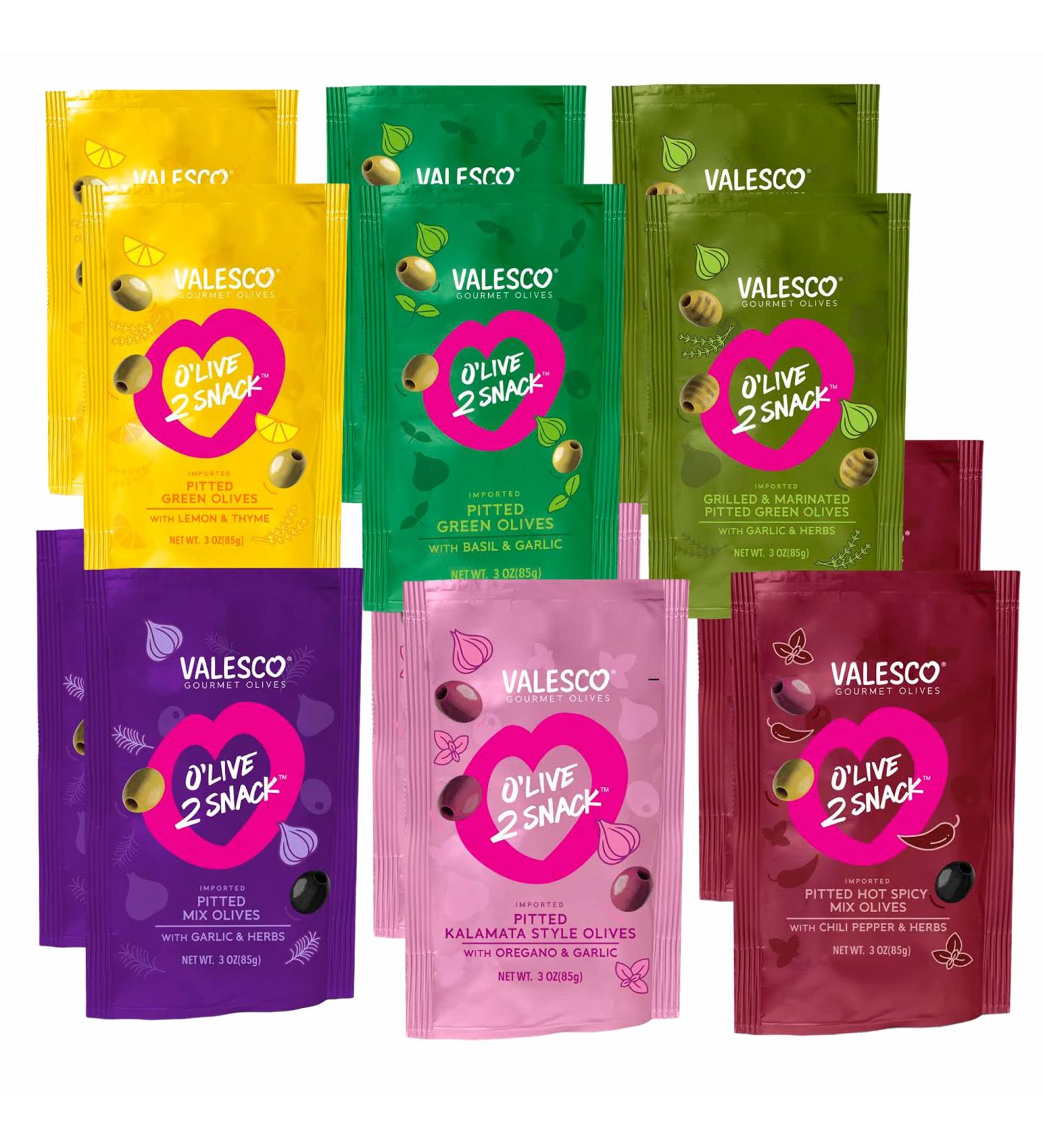 Valesco OLive 2 Snack Pitted Olives Variety Pack 6 Flavors 3 oz (12 Pouches) - Buy Online on SooperMarket.com