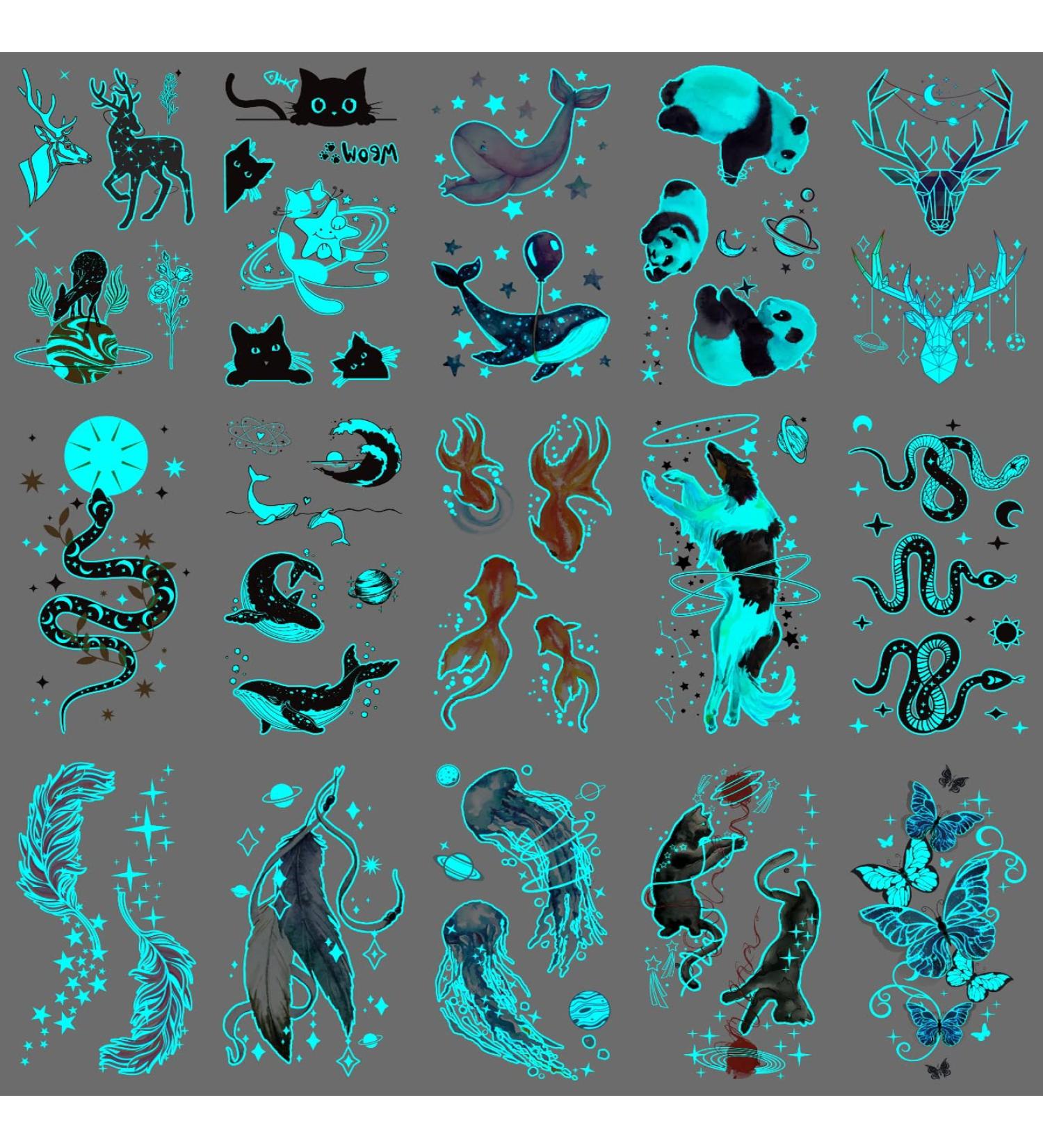 Glow in Dark Temporary Tattoo Stickers - Snake Panda Jellyfish Border Collie Dog Whale Goldfish Shark Feather Cat Deer (Pack of 15 Sheets) - Buy Online on SooperMarket.com