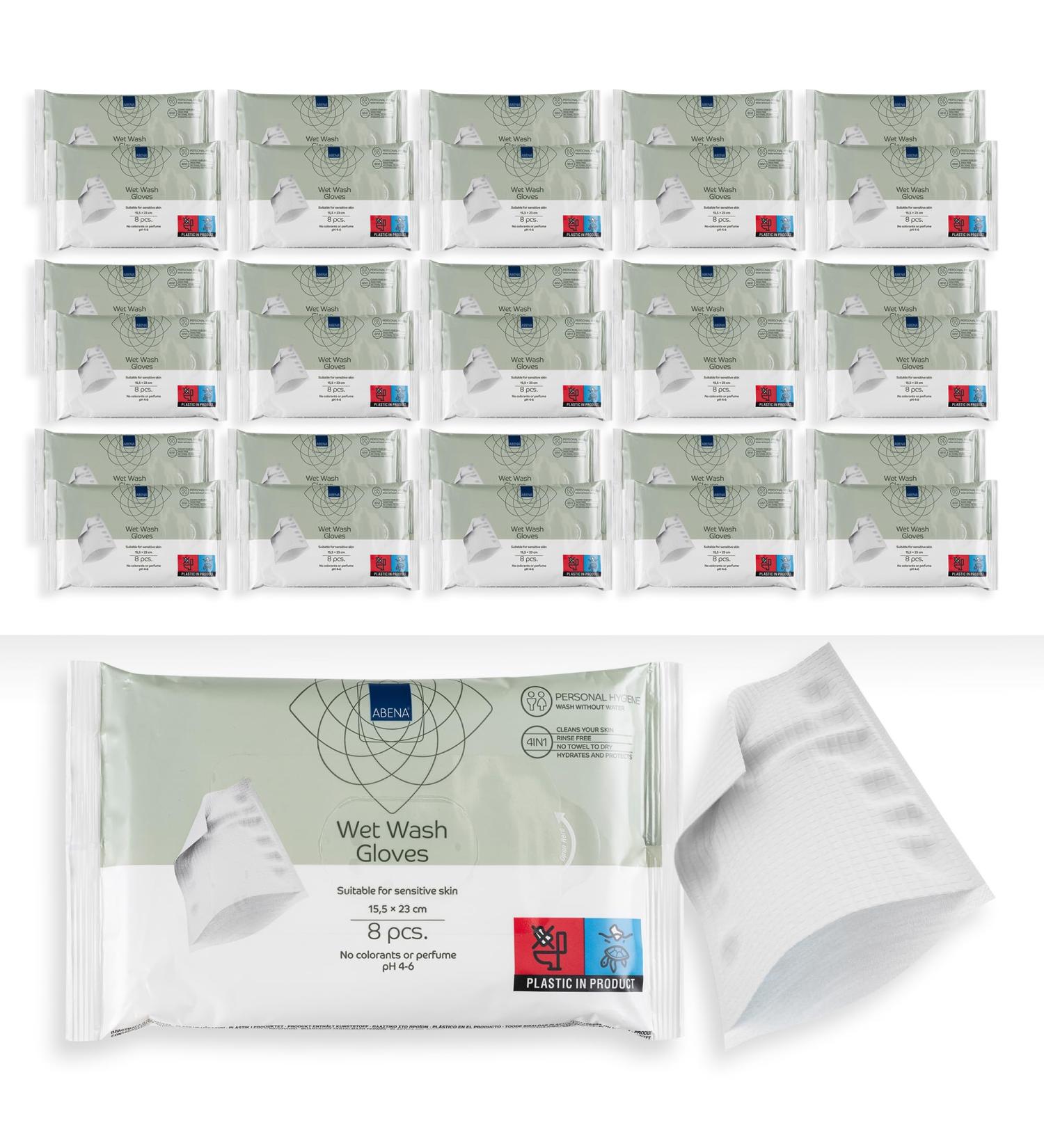 Abena Disposable Moist Wash Gloves - Soft Perfume-Free 30 Pack of 8 | Gentle Care Washcloths for Body - 23x15.5cm - Buy Online on SooperMarket.com