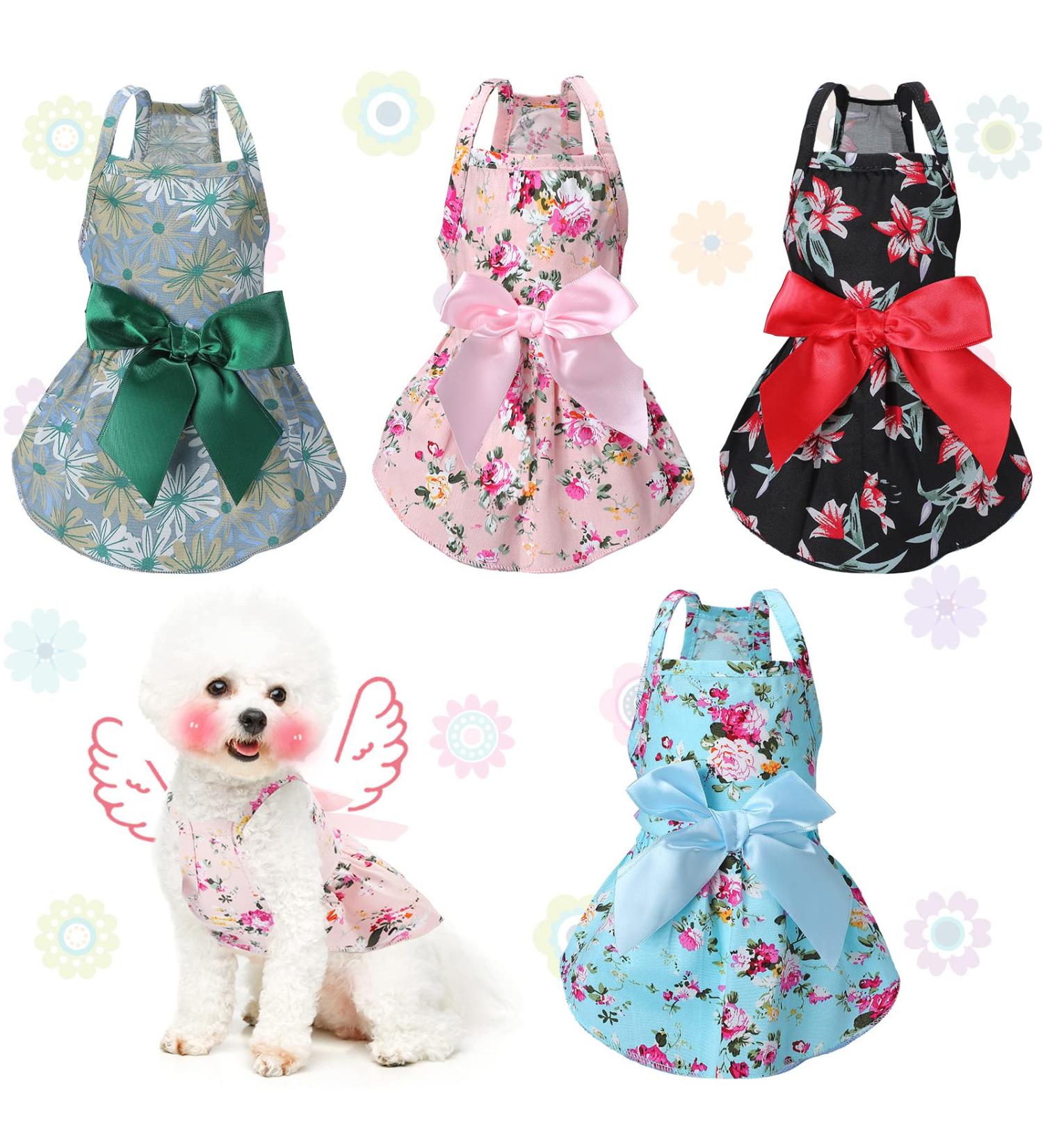 Puppy Dog Floral Dress Set - 4 Pieces Cute Rosette Sundress & Bowknot Apparel for Small Pets (Flower Patterns L) - Buy Online on SooperMarket.com