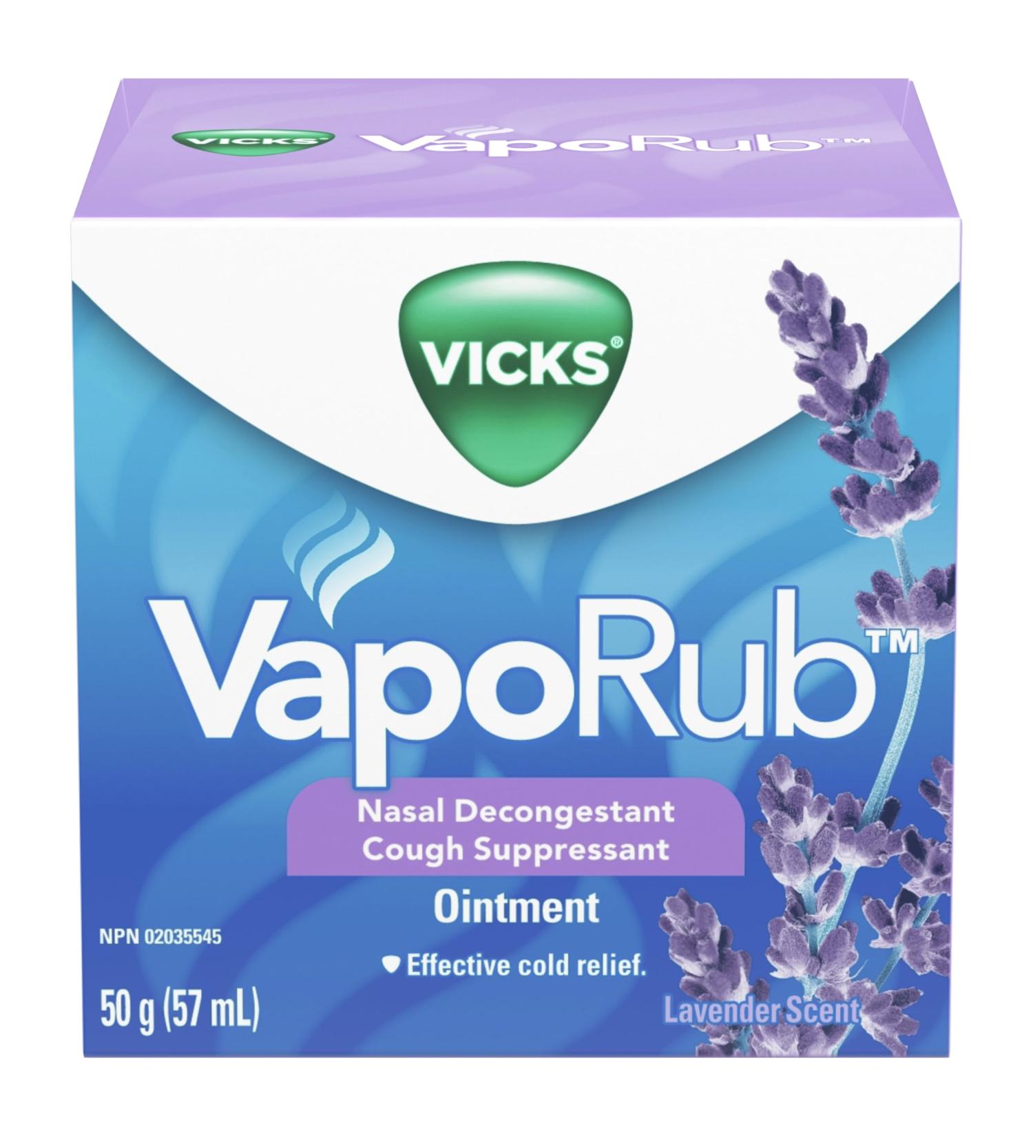 Vicks VapoRub Nasal Decongestant Cough Suppressant Relief from Cold Aches & Pains Chest Rub Ointment Lavender scent 50 g/57 mL 57 ml (Pack of 1) Lavender - Buy Online on SooperMarket.com