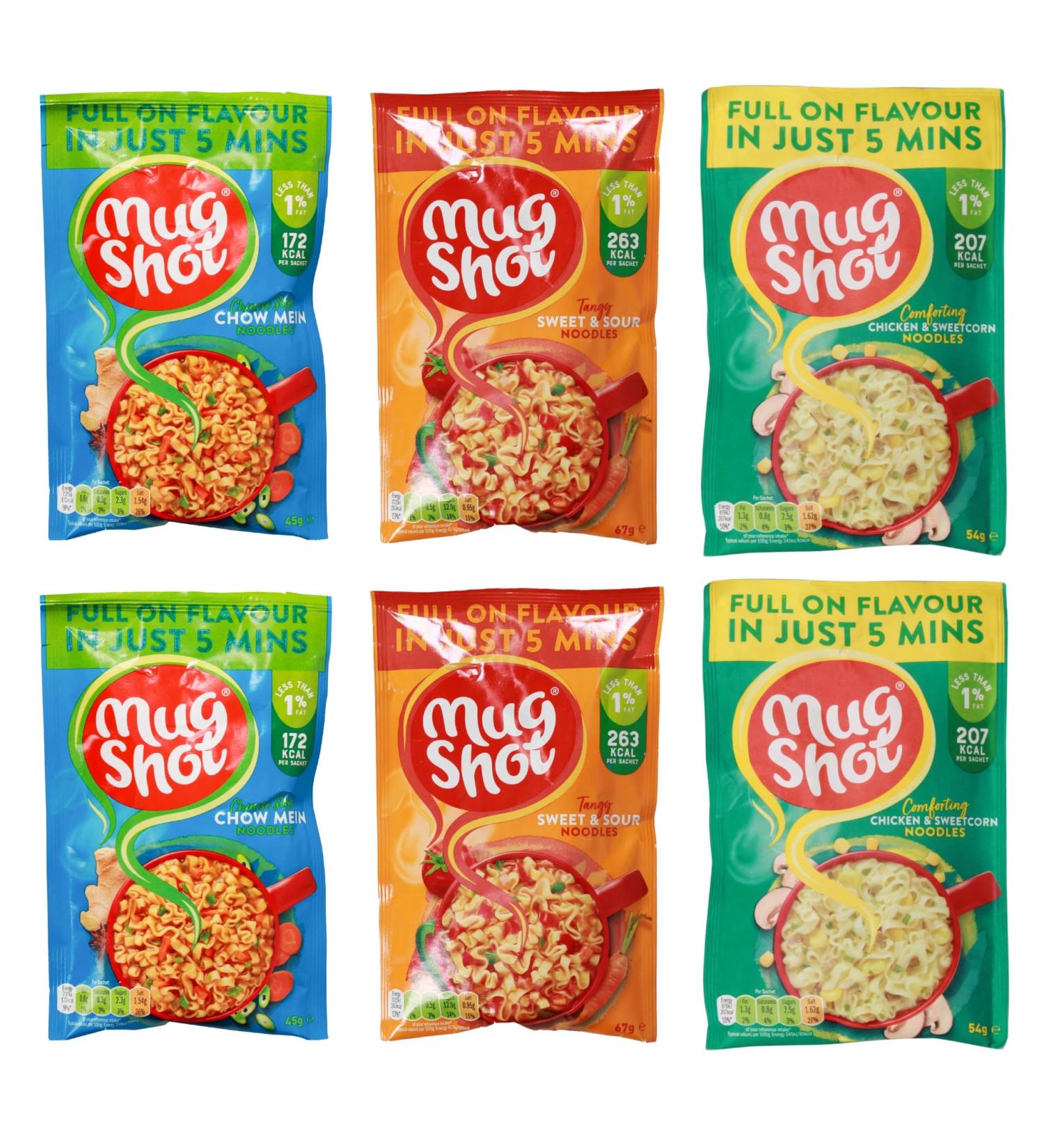 Mugshot Instant Noodles Variety 6 Pack (2 x Sweet & Sour - 67g 2 x Chow Mein - 45g 2 x Chicken Sweetcorn - 54g) - Buy Online on SooperMarket.com