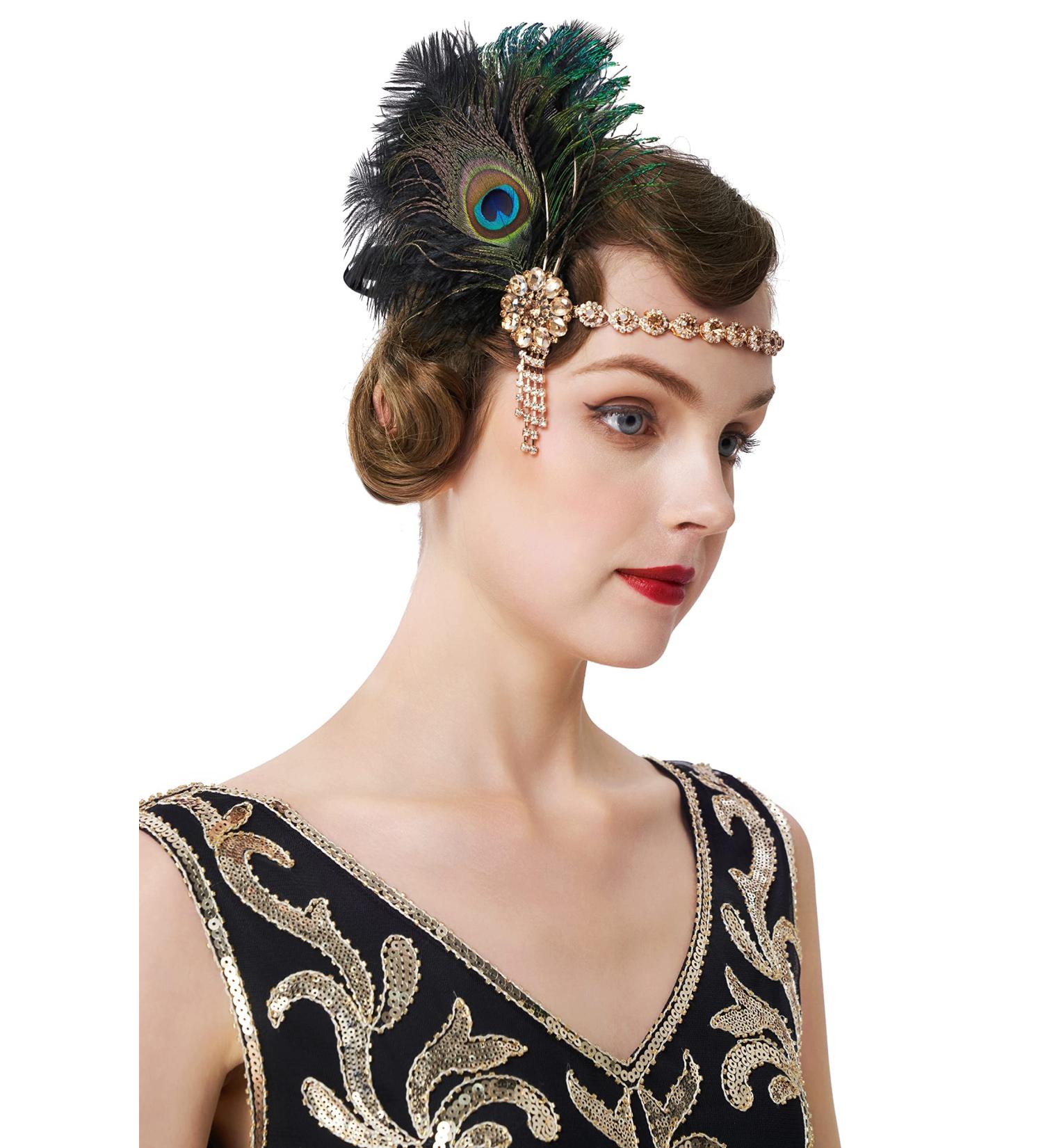 BABEYOND 1920s Feather Headband Peacock Feather Headpiece Vintage 1920s Flapper Headband Feather Crystal Headband Great Gatsby Costume Accessories Roaring 20's Accessories (Black) - Buy Online on SooperMarket.com