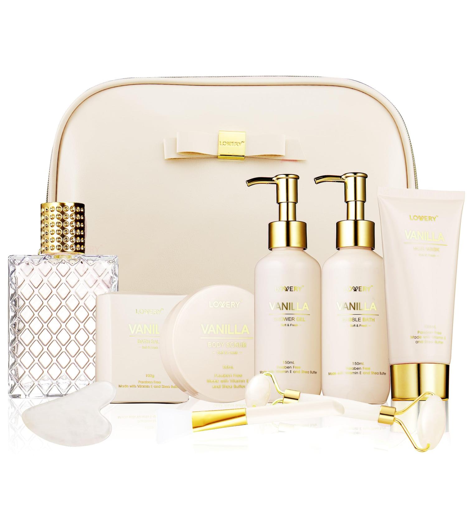 Valentines Day Gifts for Women Vanilla Spa Gift Basket for Women - Self Care Kit Bath Set with Shower Gel Bubble Bath Perfume Gua Sha Jade Roller - Birthday Gift Set for Women Mom Mother's Day - Buy Online on SooperMarket.com