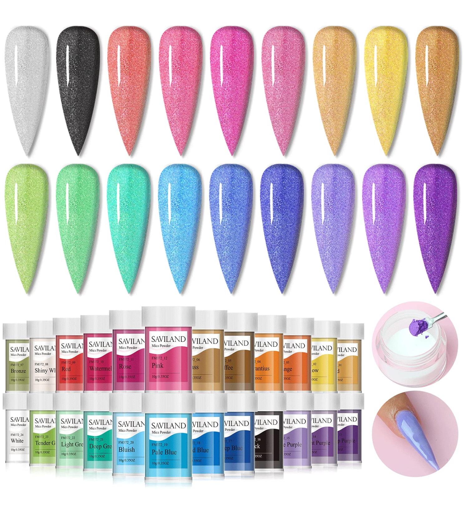Saviland 24 Colors Nail Mica Powder - 10g Pigment Nail Powder for Gel Polish, Shimmer Acrylic & Poly Nails - DIY Color Nail Art - Buy Online on SooperMarket.com